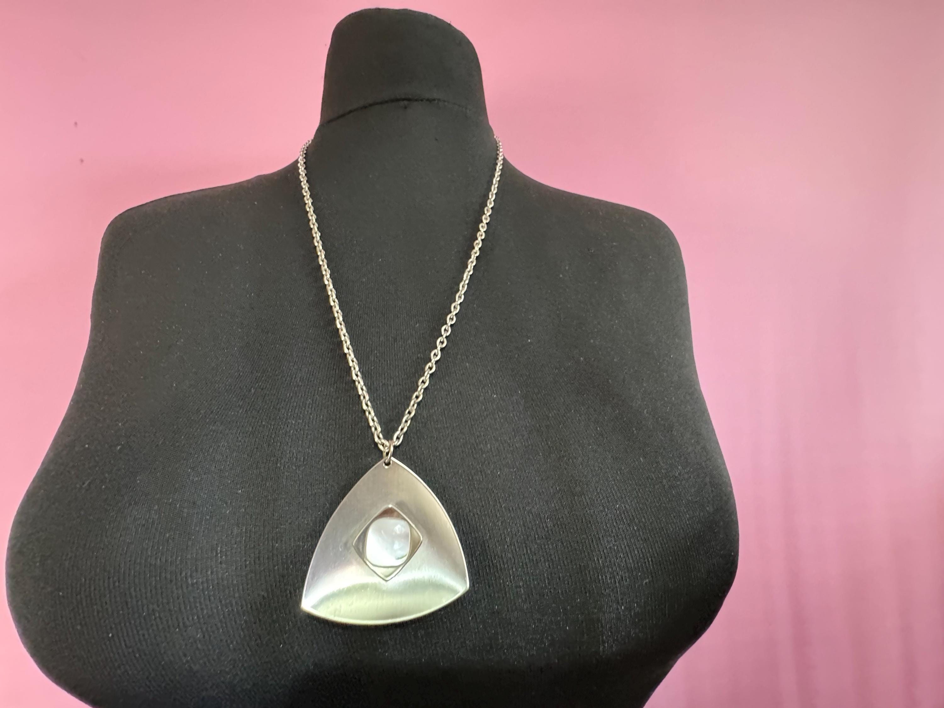 stainless steel pink glass cabochon pendant necklace, Vintage 1970s triangular
