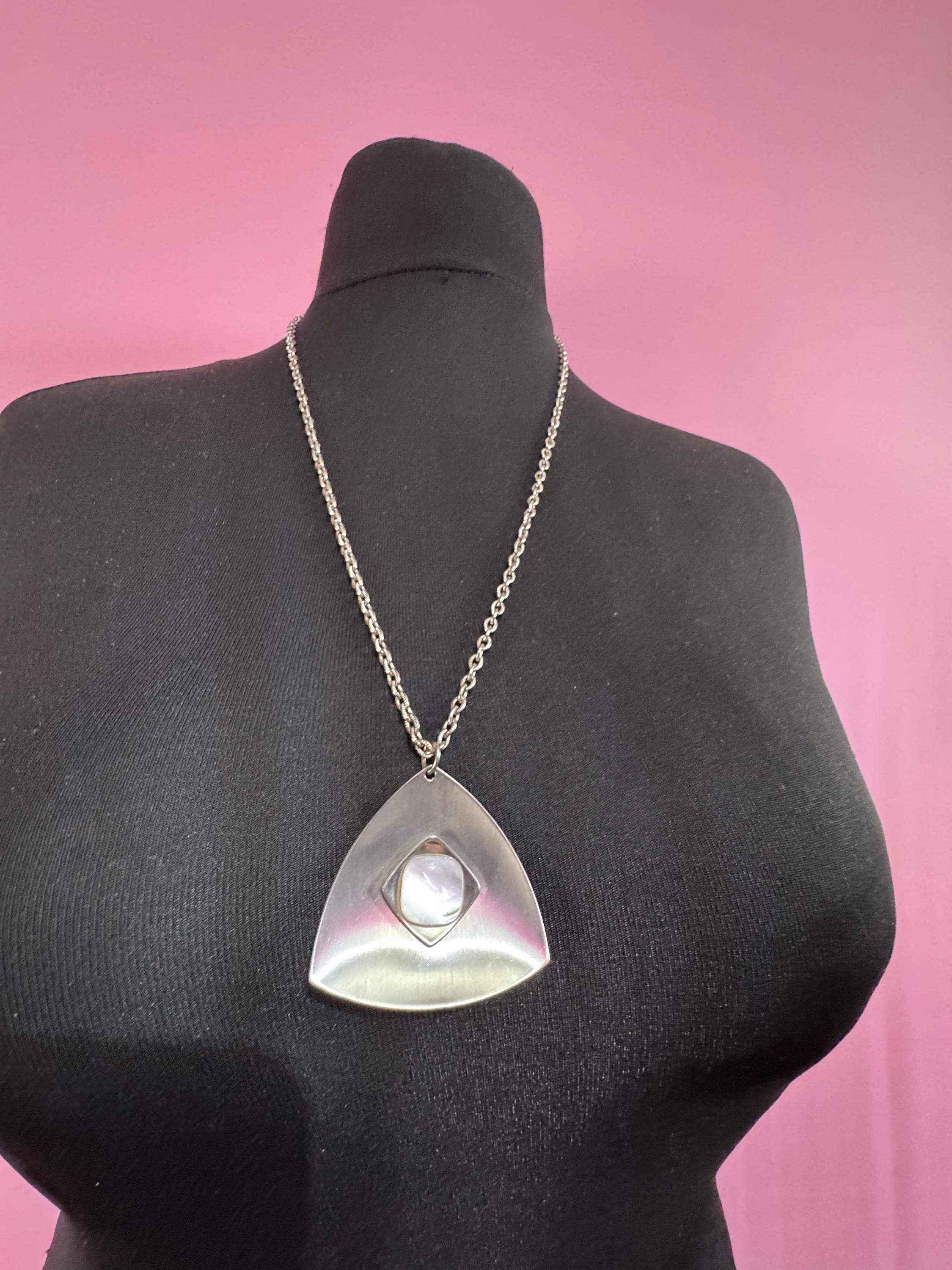 stainless steel pink glass cabochon pendant necklace, Vintage 1970s triangular