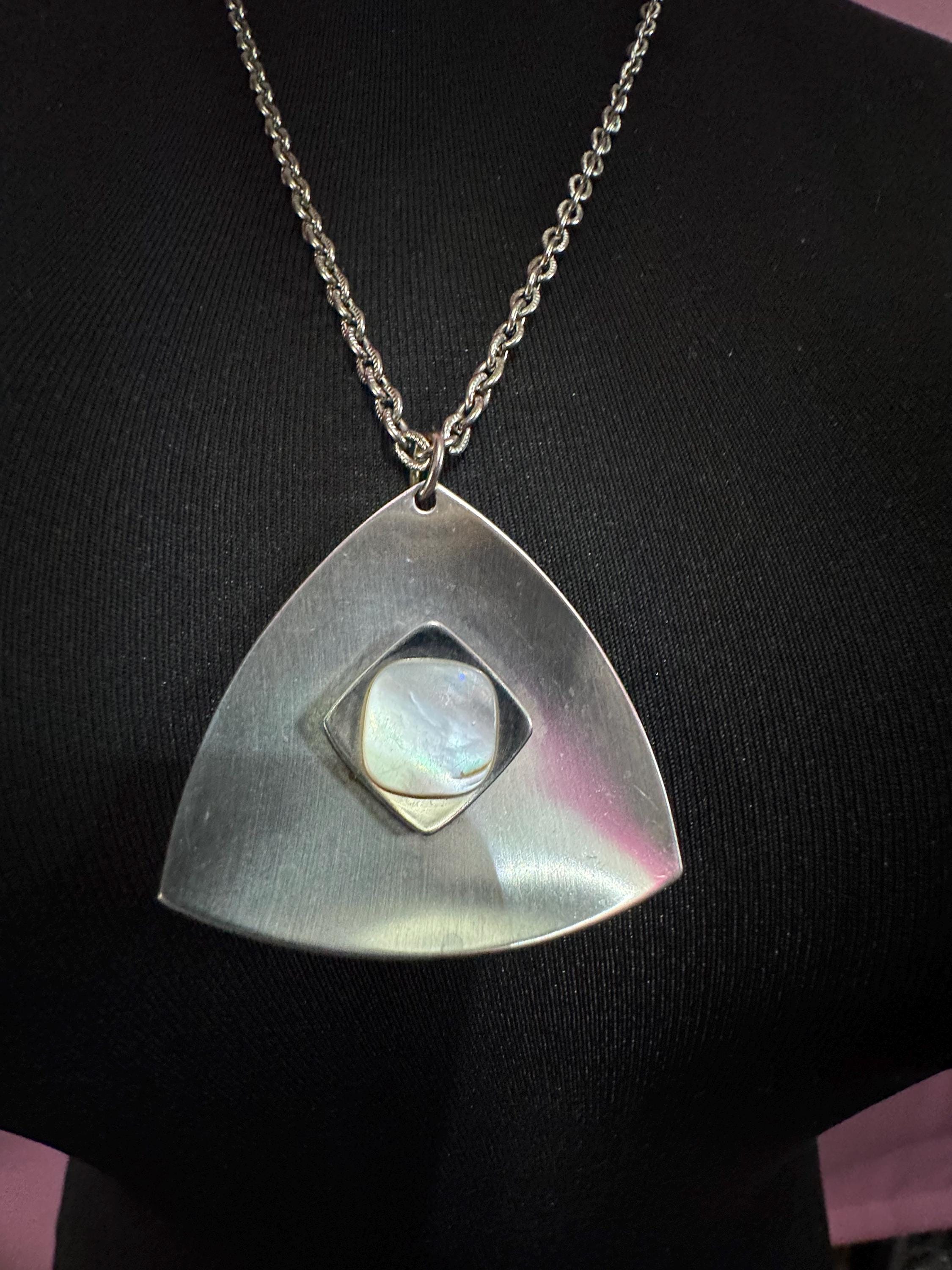 stainless steel pink glass cabochon pendant necklace, Vintage 1970s triangular