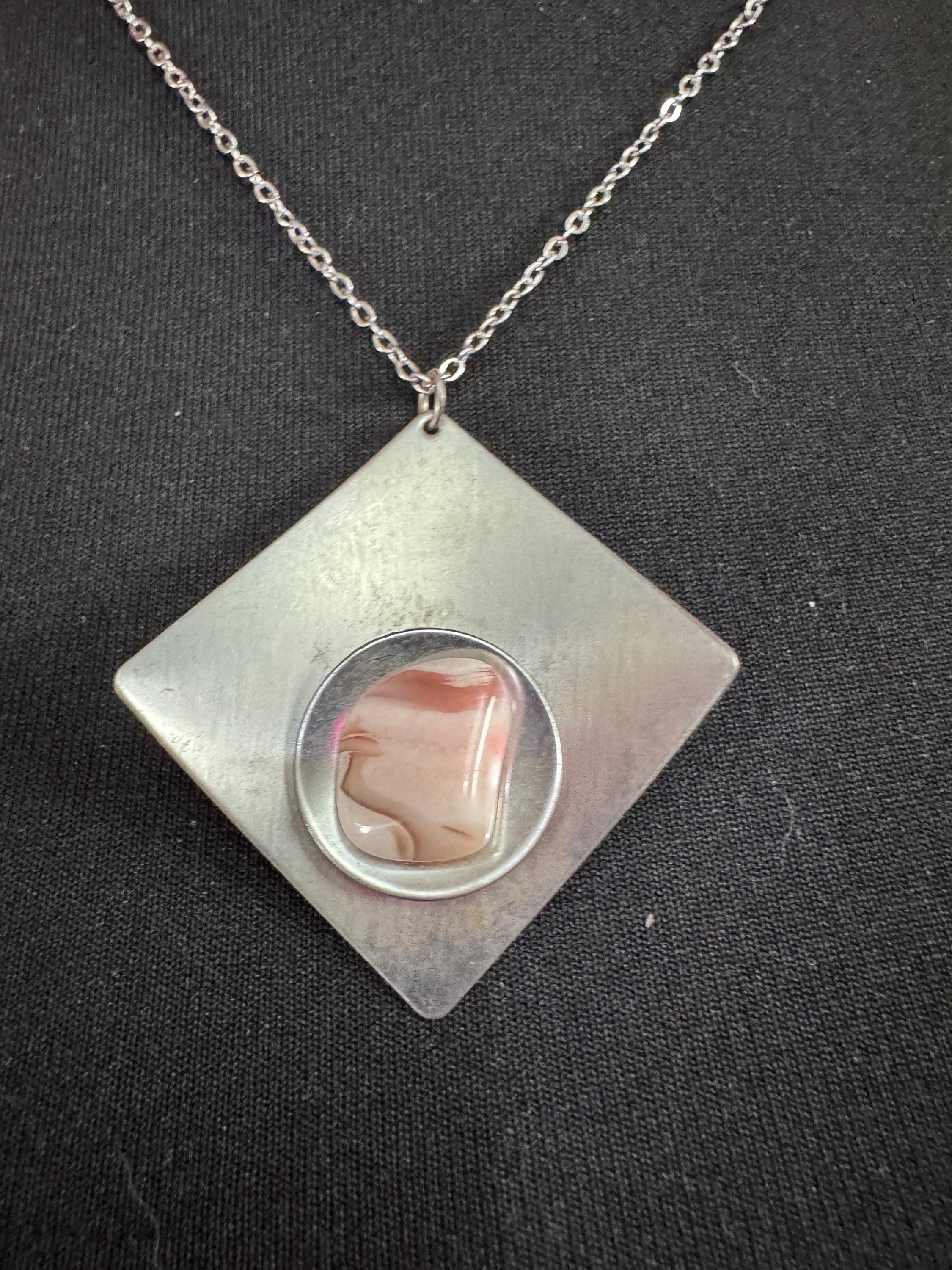 stainless steel pink gemstone cabochon pendant necklace, Vintage 1970s