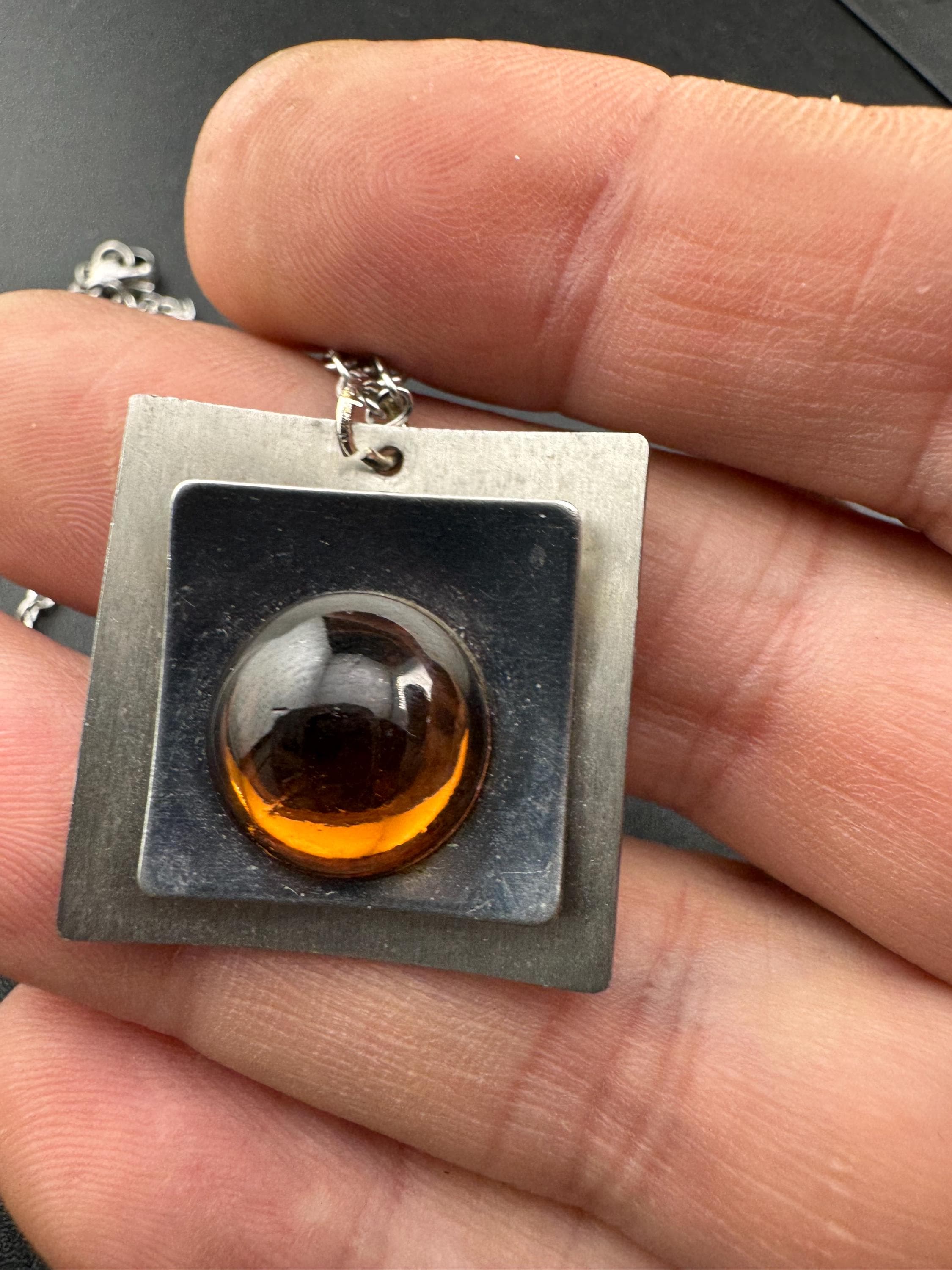 Signed stainless steel amber glass cabochon pendant necklace, Vintage 1970s