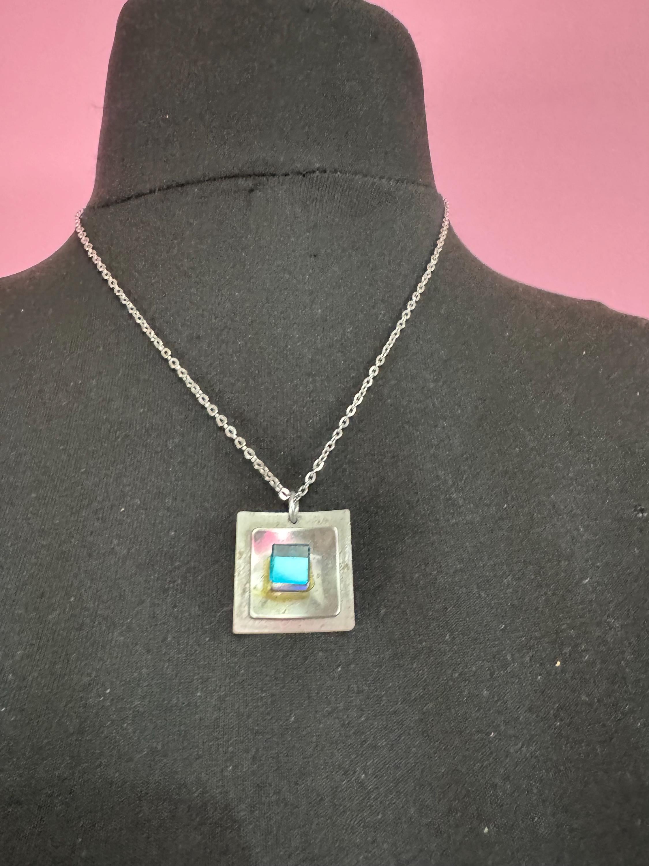 Signed stainless steel blue cube glass pendant necklace, Vintage 1970s