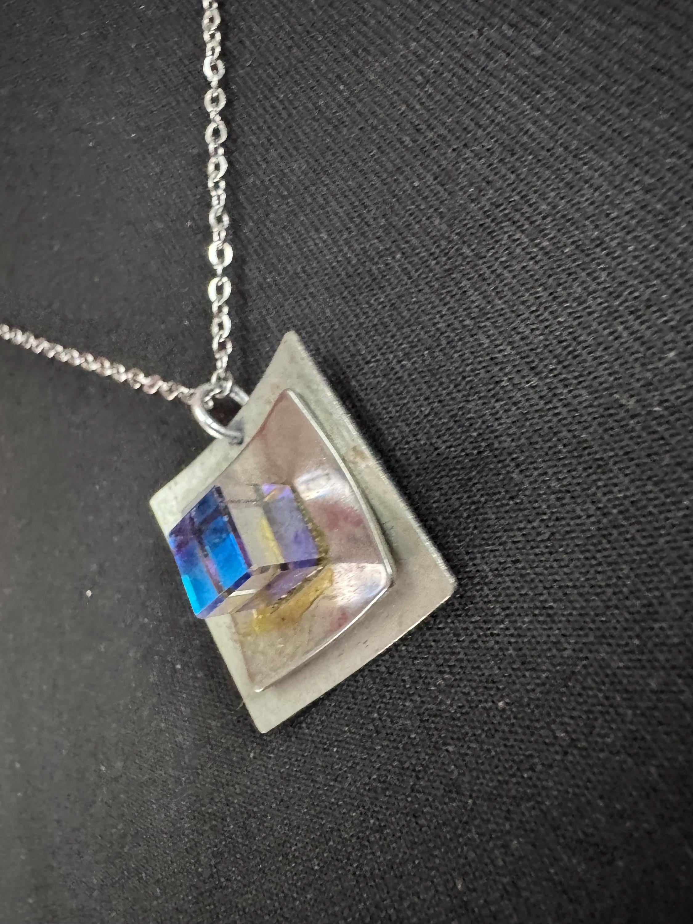 Signed stainless steel blue cube glass pendant necklace, Vintage 1970s