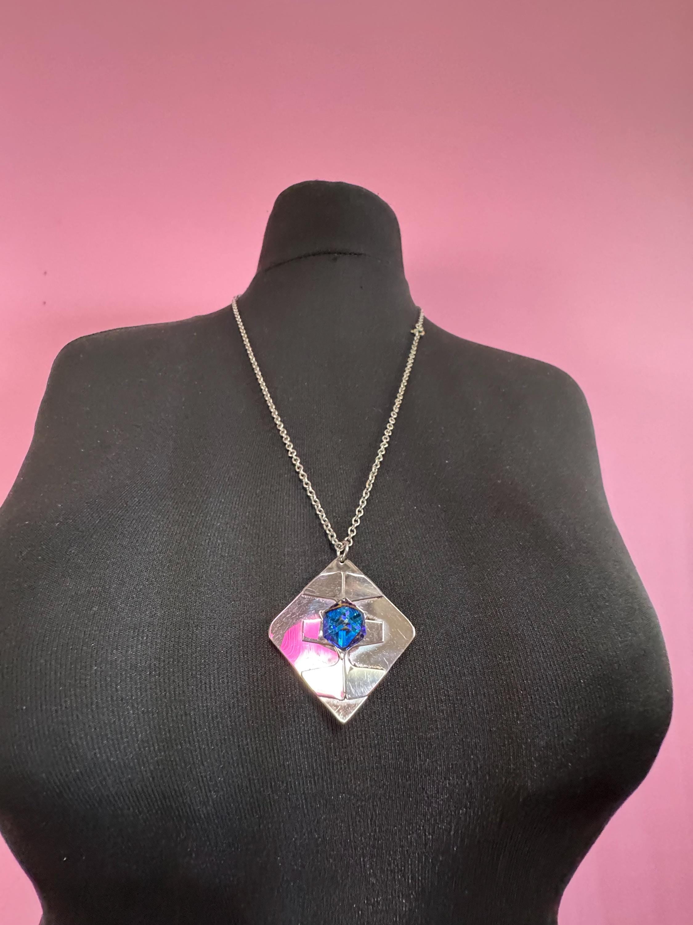 Signed stainless steel blue rainbow cube glass pendant necklace, Vintage 1970s