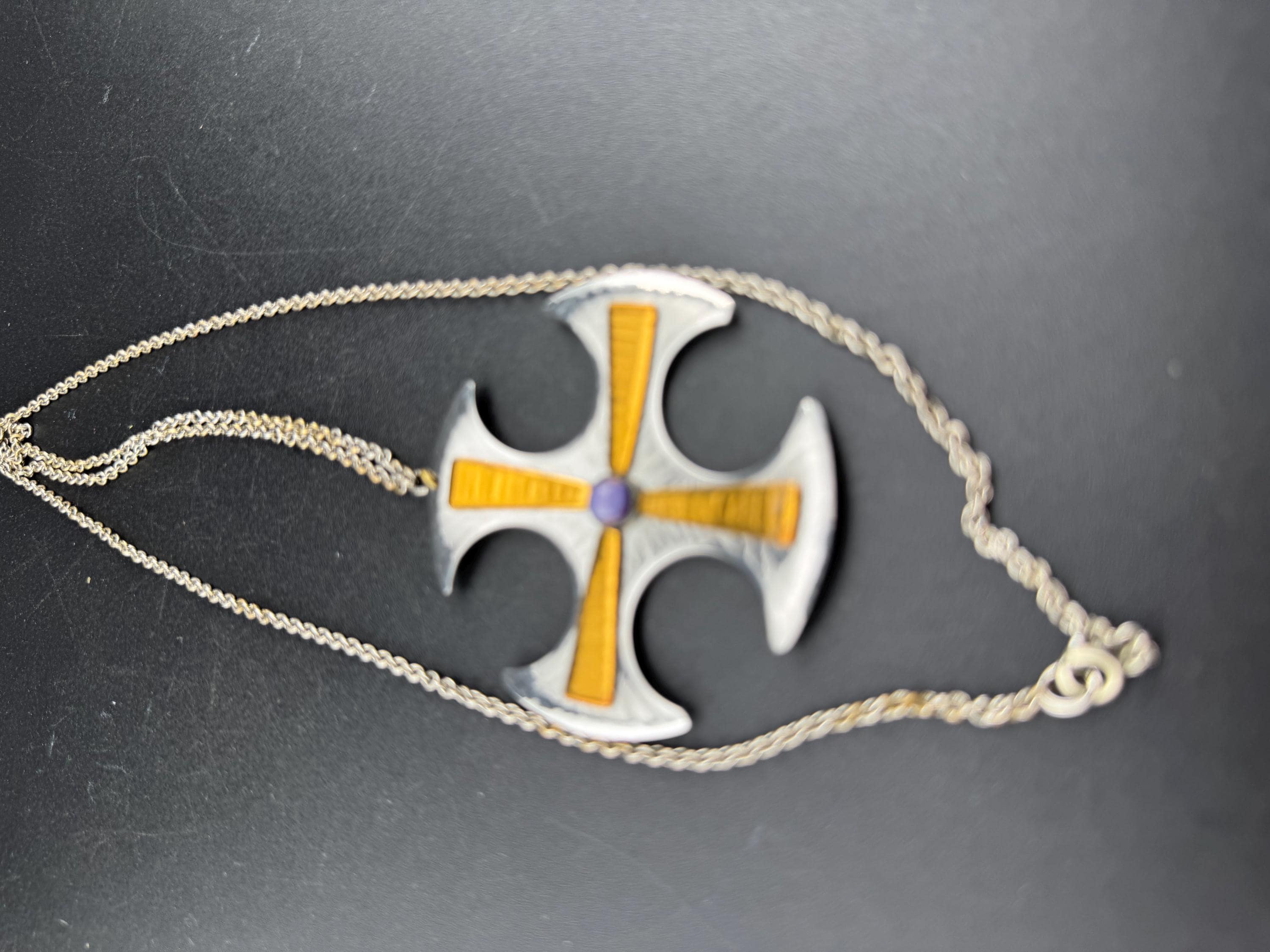 Signed MODA Maltese cross stainless steel purple gemstone pendant necklace 1970s