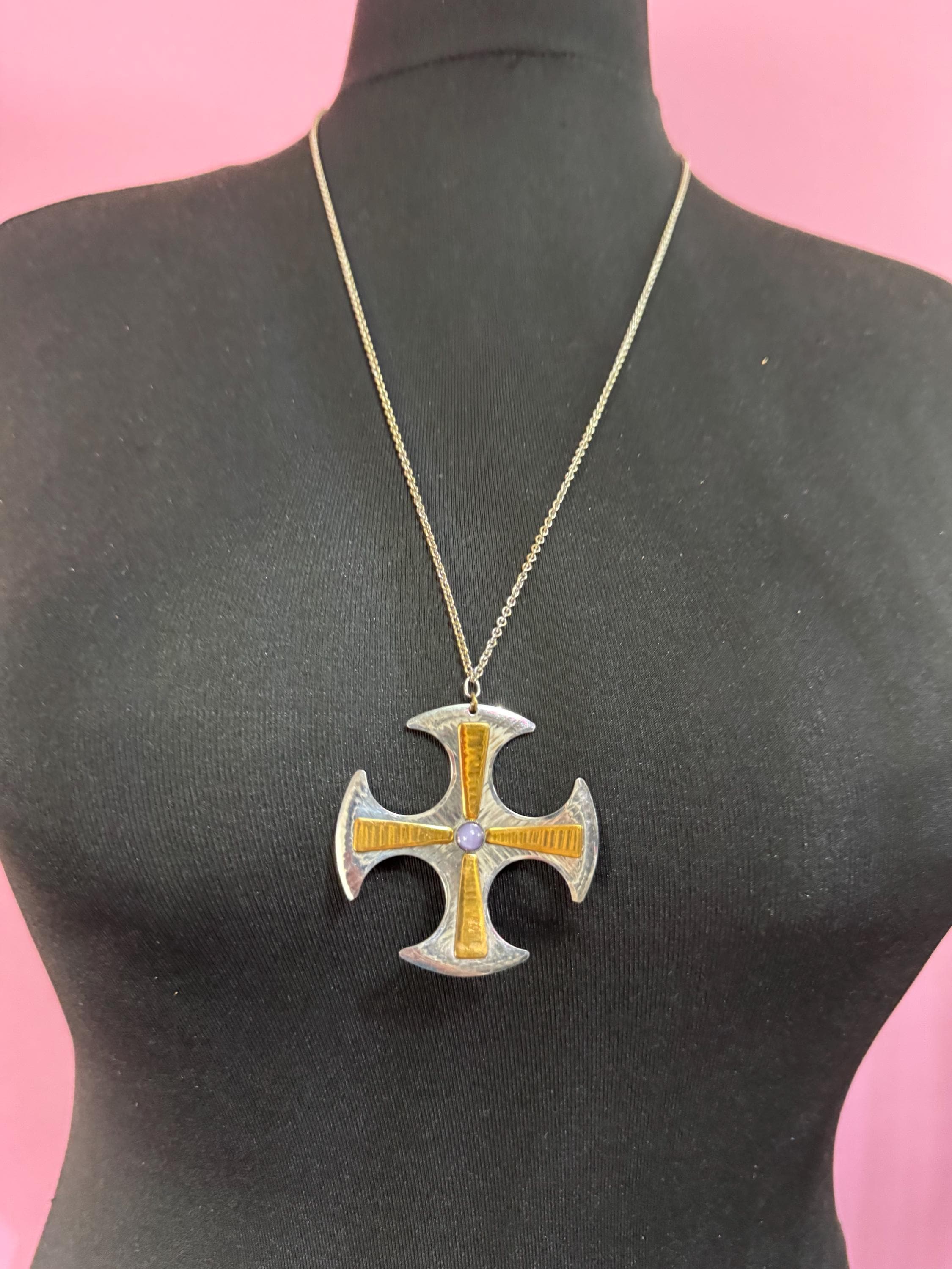 Signed MODA Maltese cross stainless steel purple gemstone pendant necklace 1970s