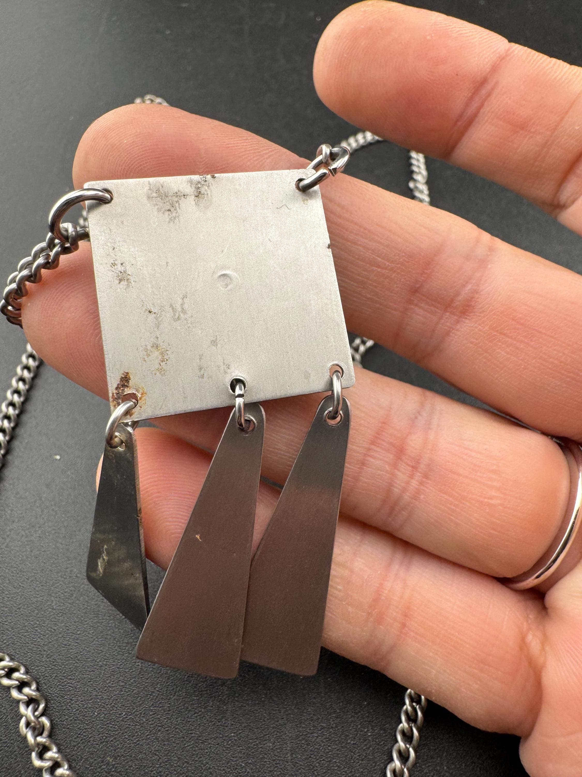 Signed stainless steel glass cabochon fringed pendant necklace, Vintage 1970s