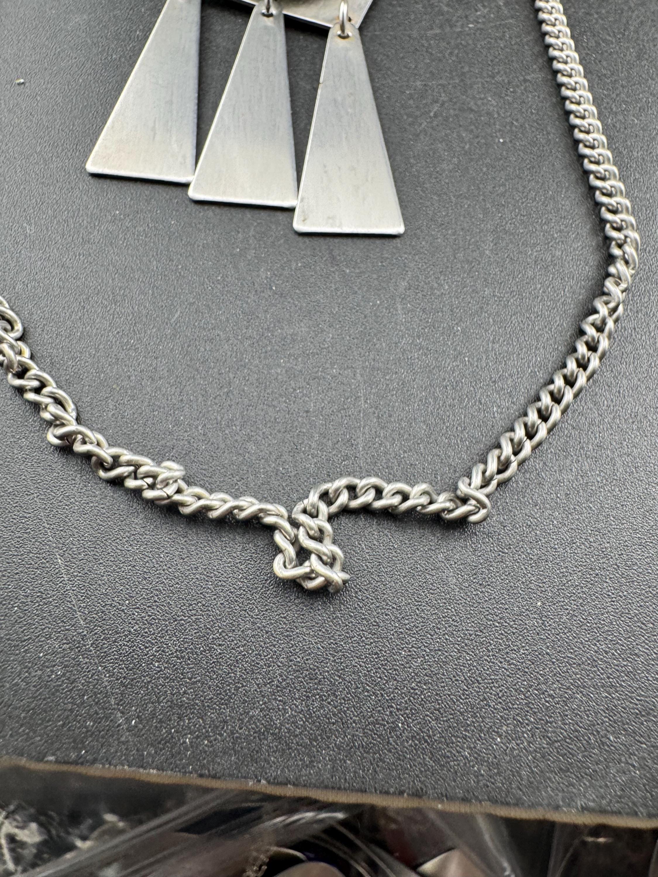 Signed stainless steel glass cabochon fringed pendant necklace, Vintage 1970s