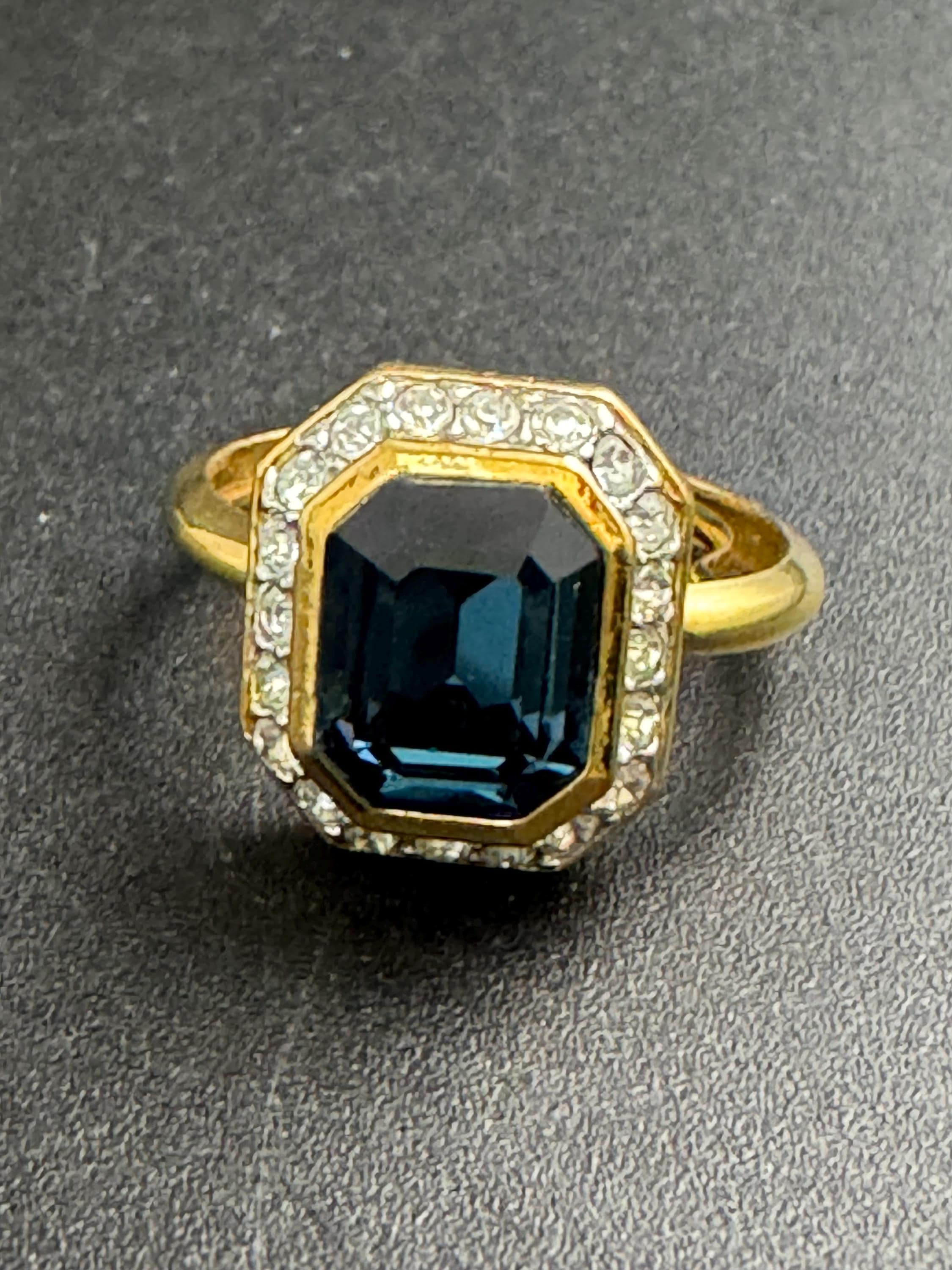 Attwood and Sawyer sapphire crystal dress ring, signed A&S gold tone adjustable