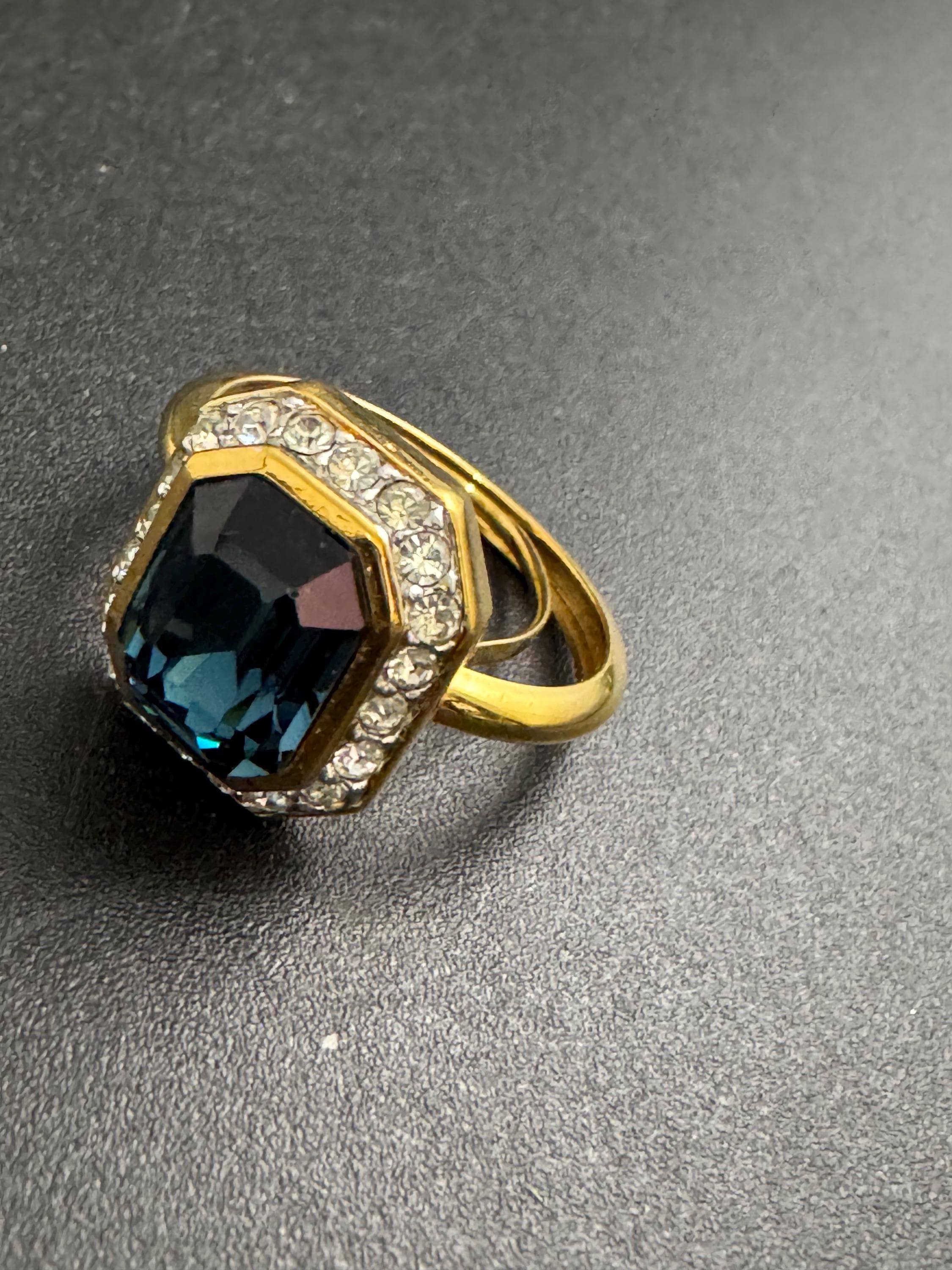 Attwood and Sawyer sapphire crystal dress ring, signed A&S gold tone adjustable