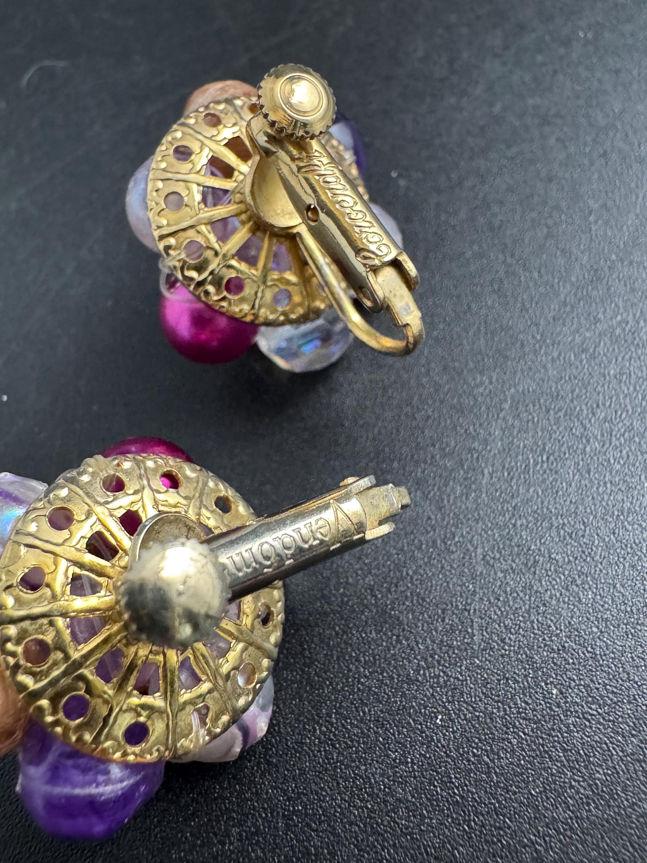 Signed Corocraft pink and purple pearl cluster clip on earrings