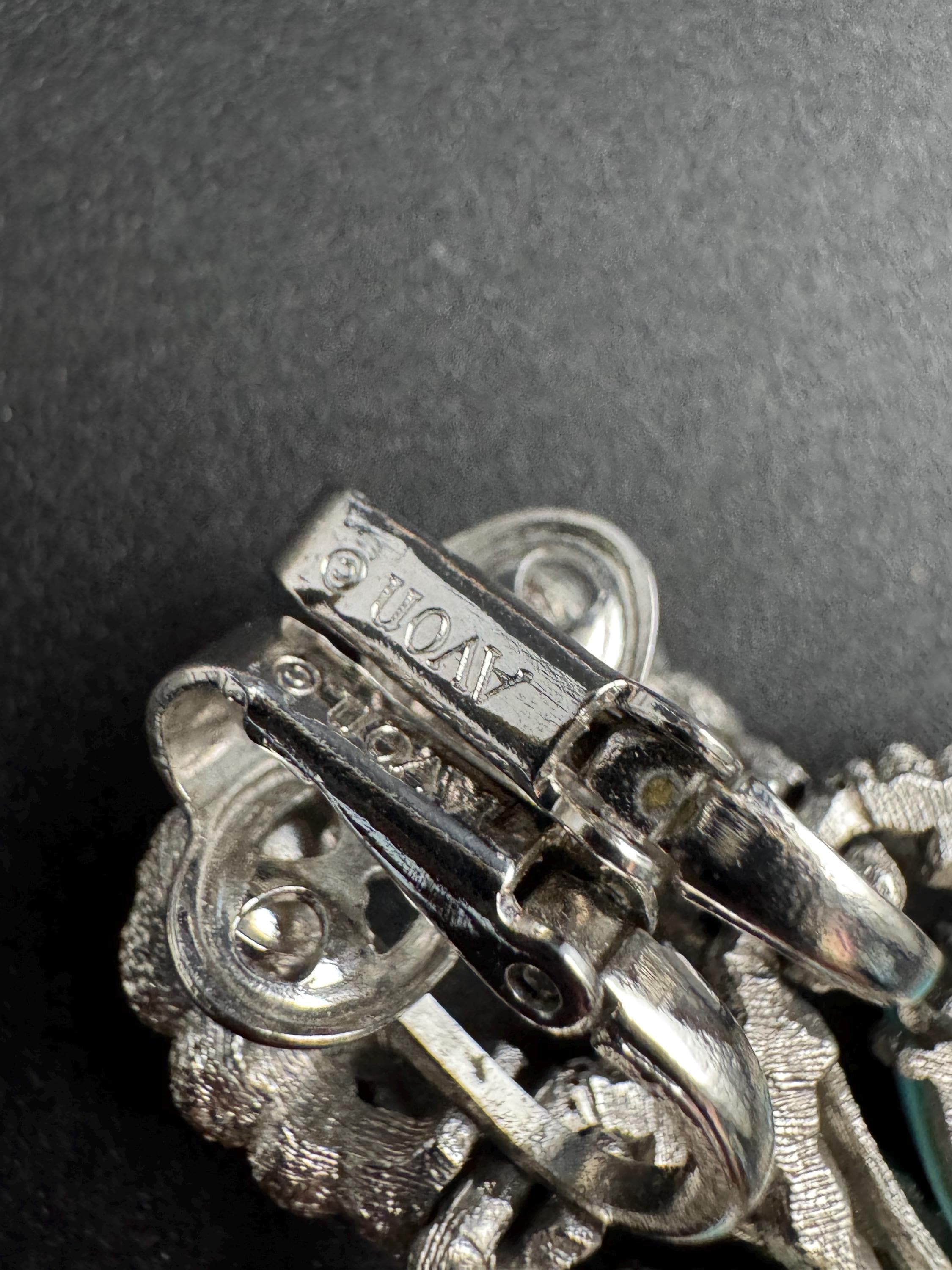 Signed Avon pair turquoise blue teardrop Clip On Earrings, dangly silvertone