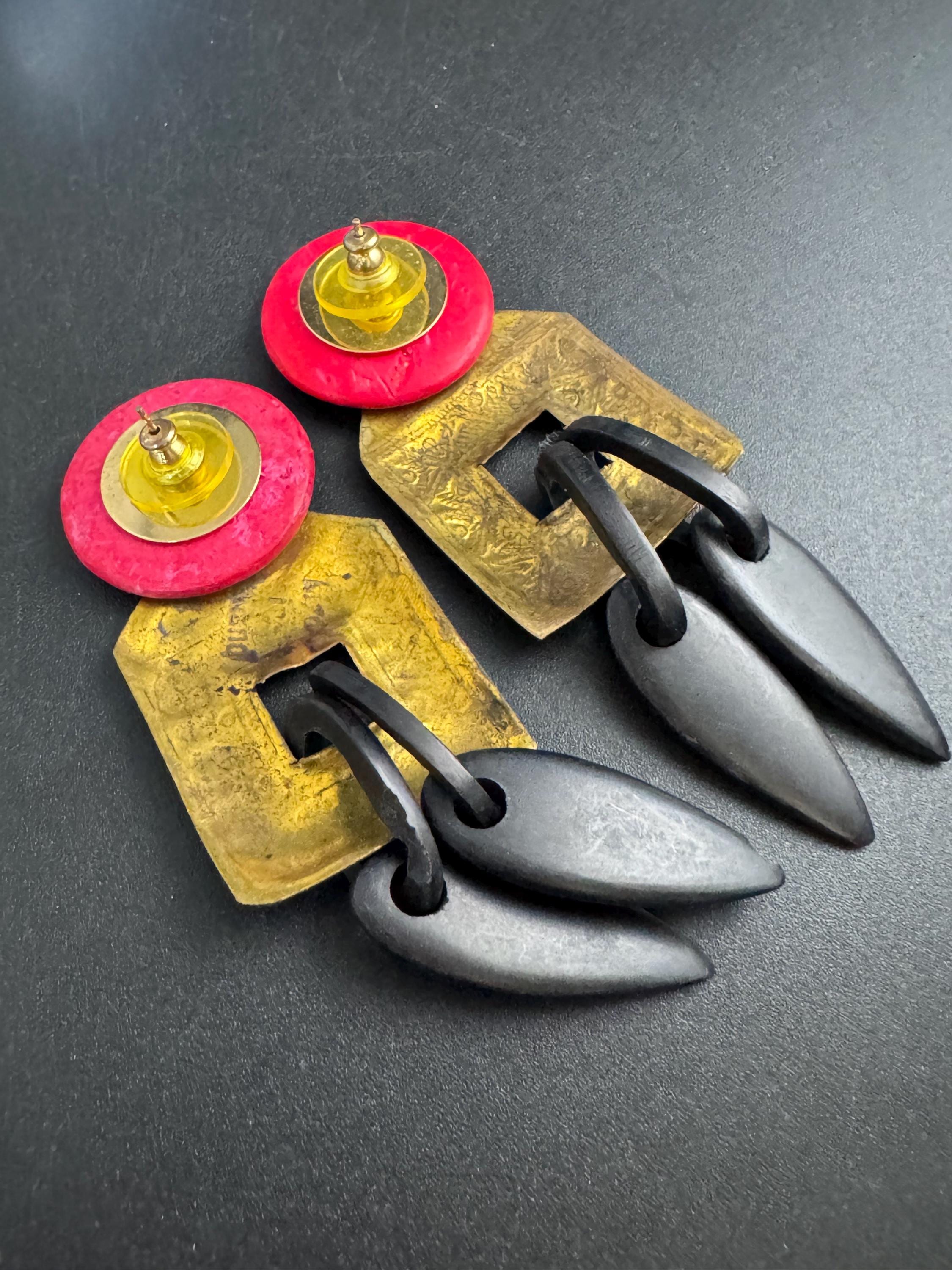 John Michelle Richardson Thai brass long drop earrings, designer 9cm vintage