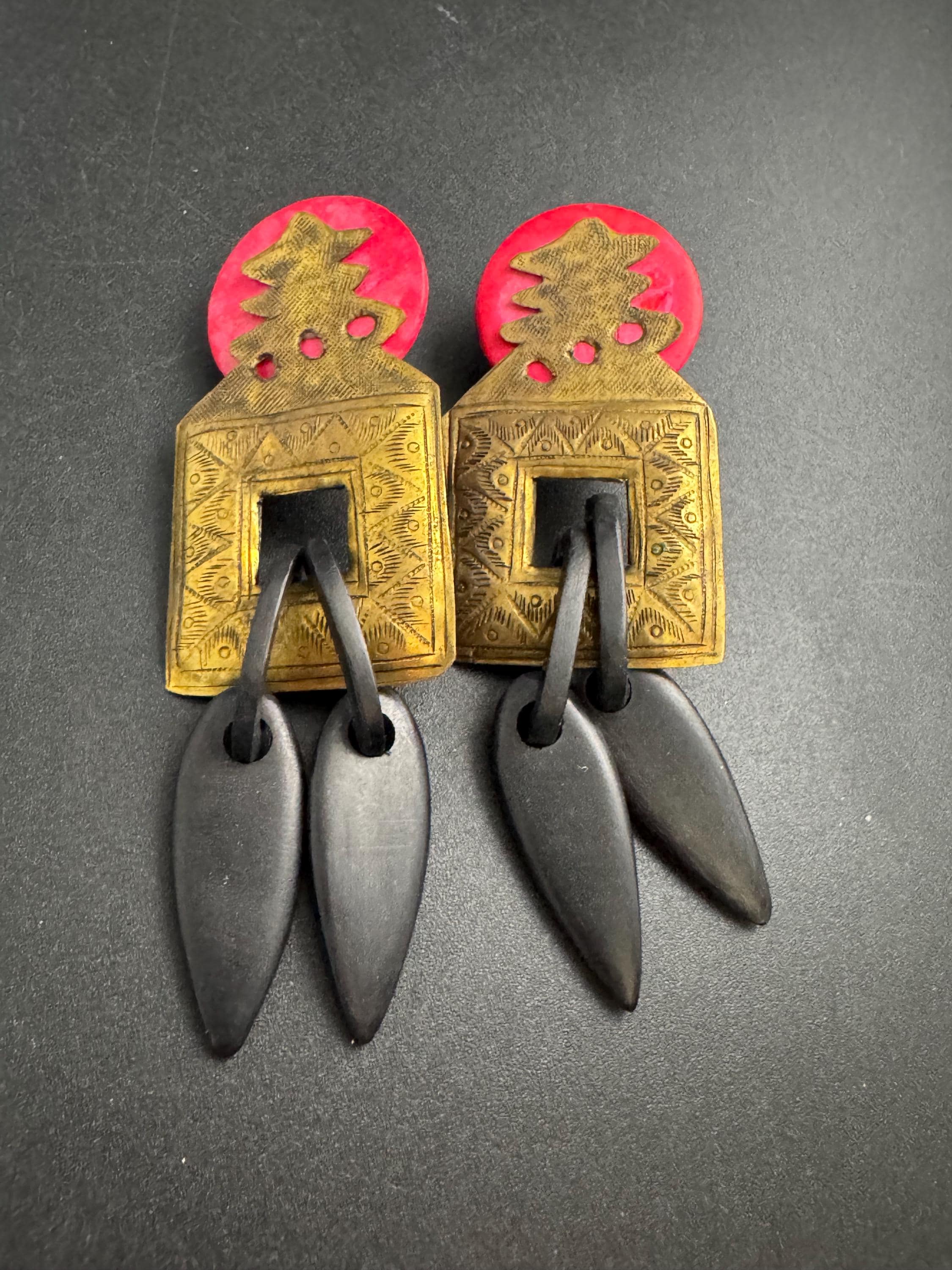 John Michelle Richardson Thai brass long drop earrings, designer 9cm vintage