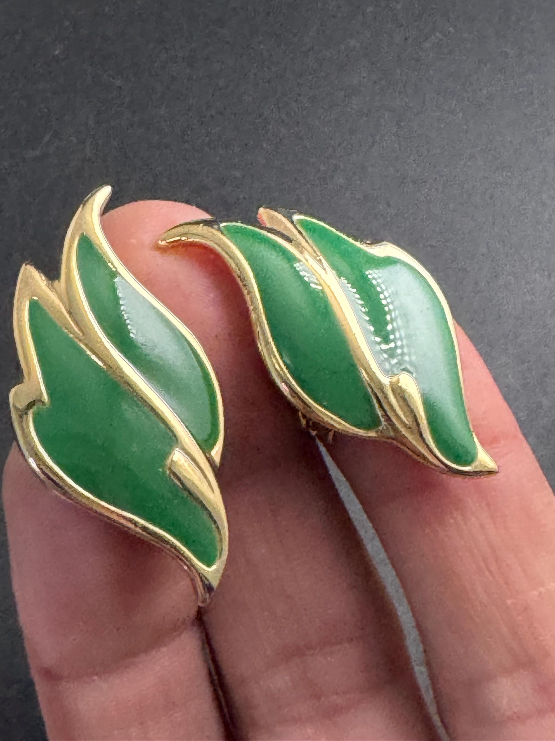 green enamel leaf clip on earrings, signed L gold tone