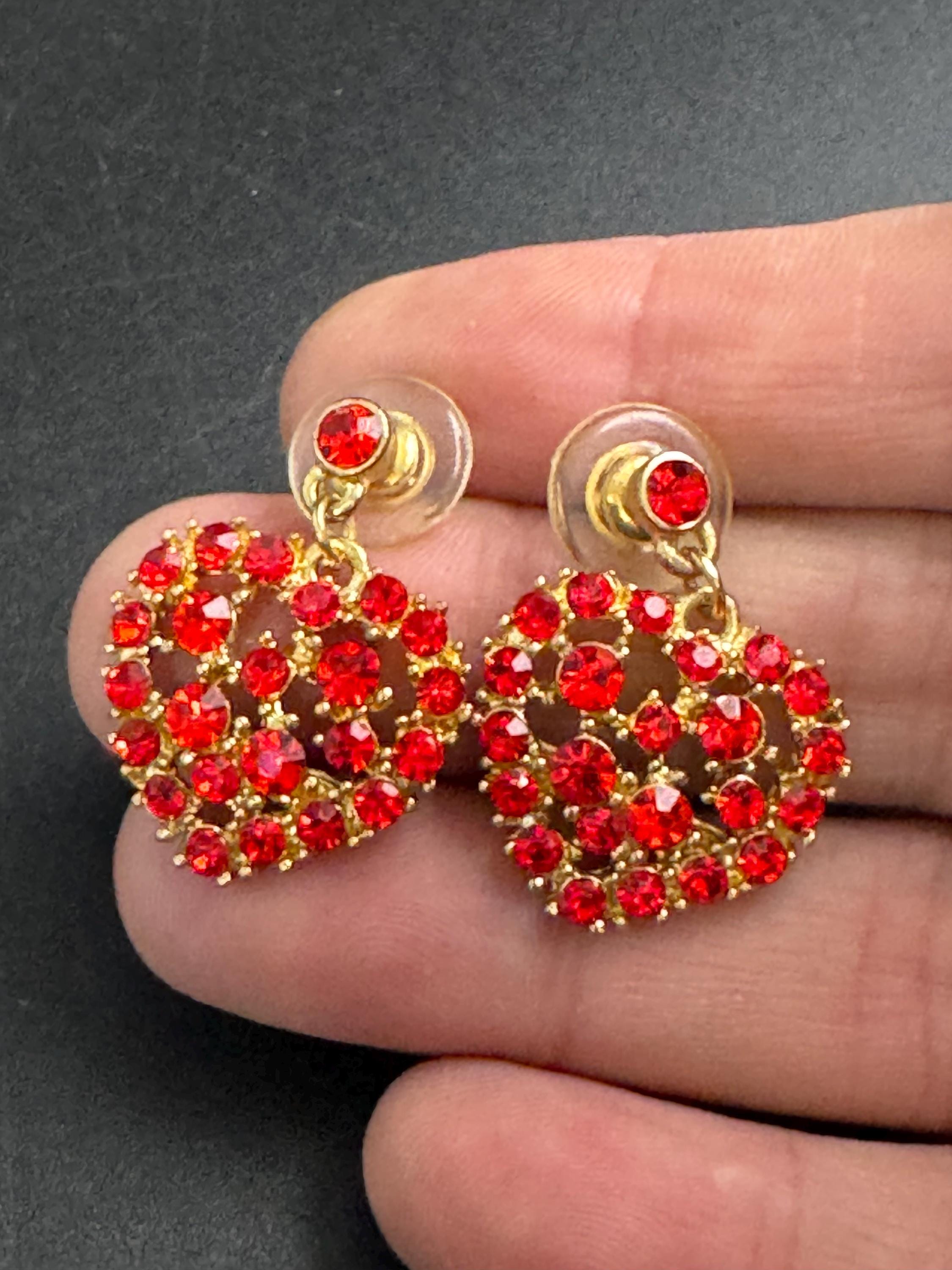 Retro Ruby red diamanté love heart drop earrings, signed pierced