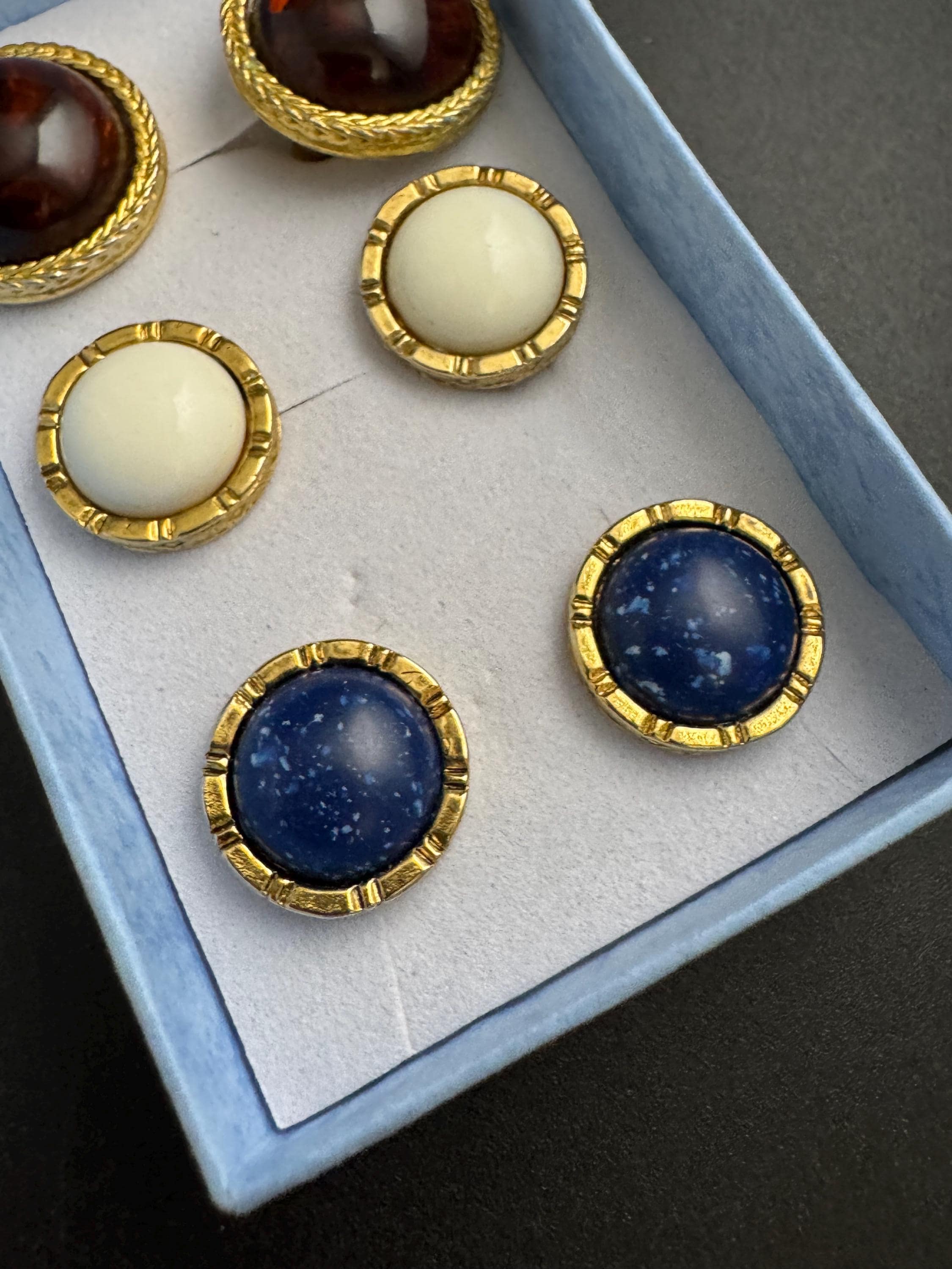 liz Claiborne set of 3 domed stud earrings, pierced brown cream blue