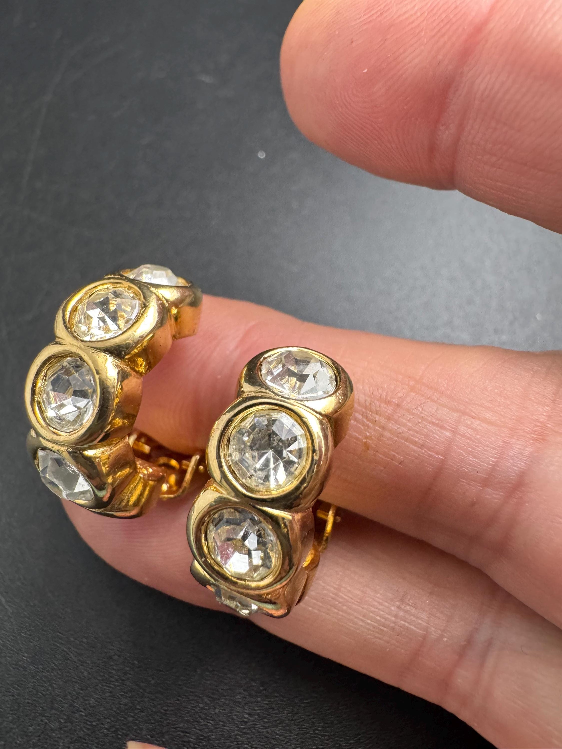 David Grau designer half hoop crystal earrings, pierced gold plated