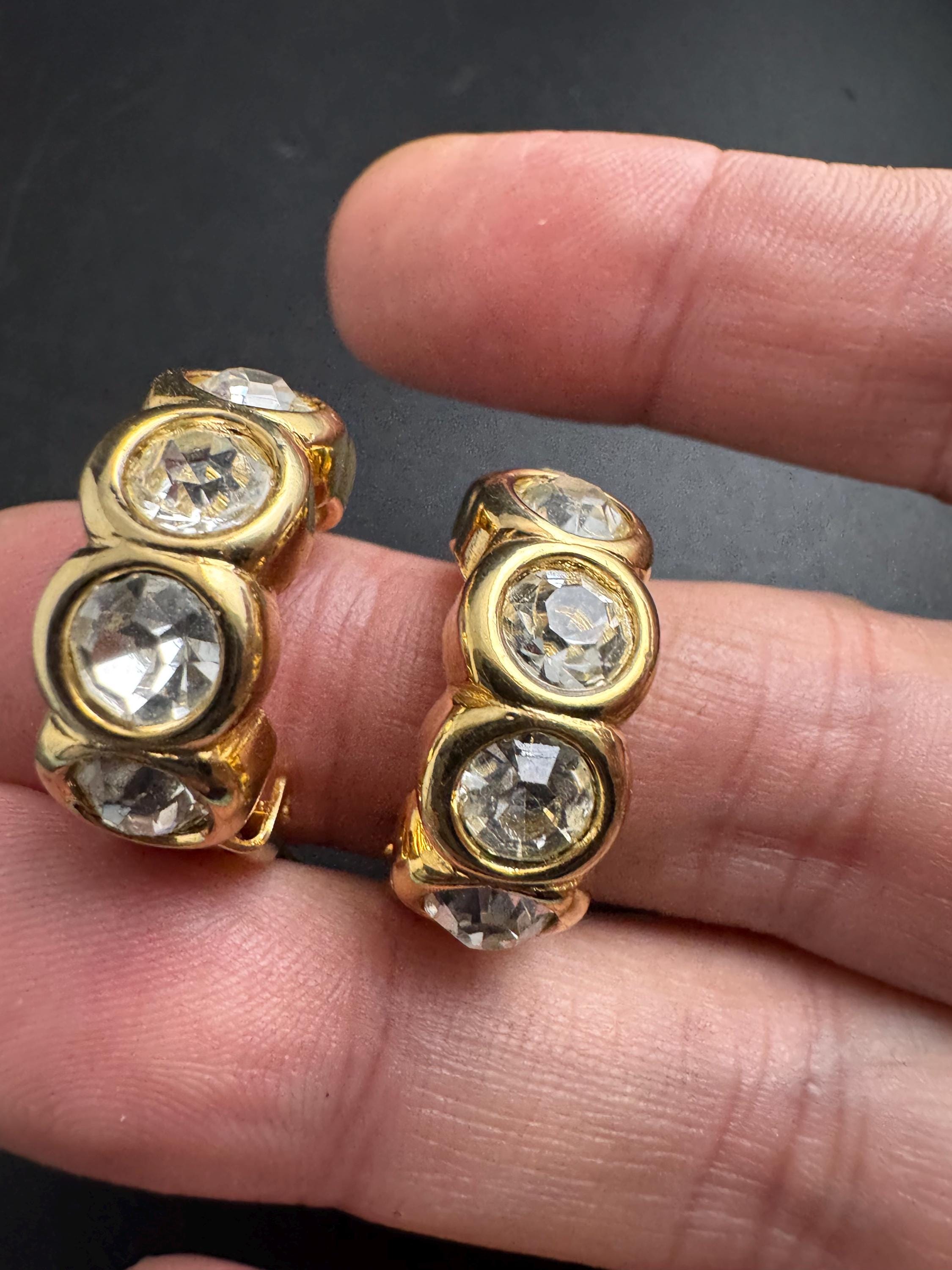 David Grau designer half hoop crystal earrings, pierced gold plated