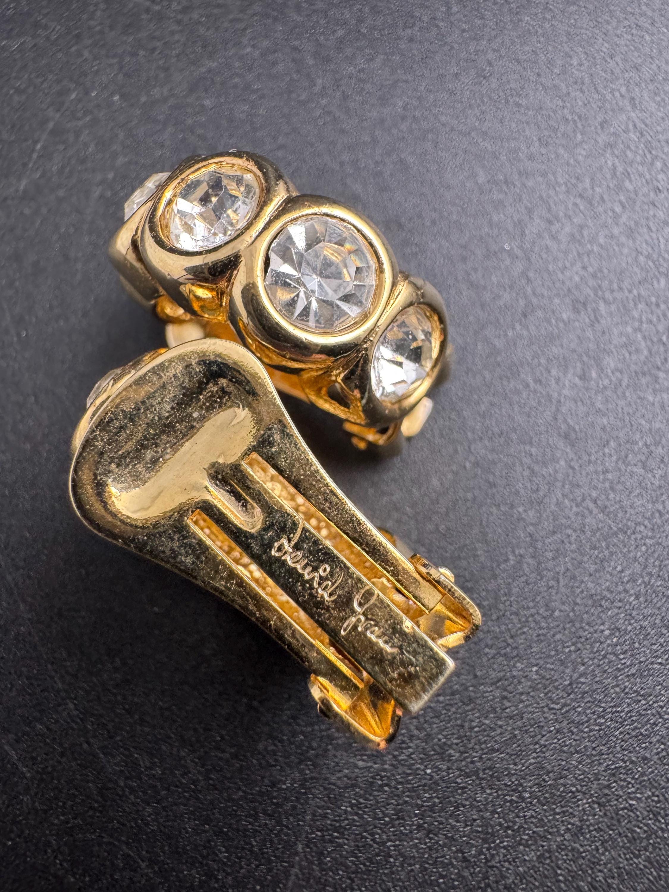 David Grau designer half hoop crystal earrings, pierced gold plated