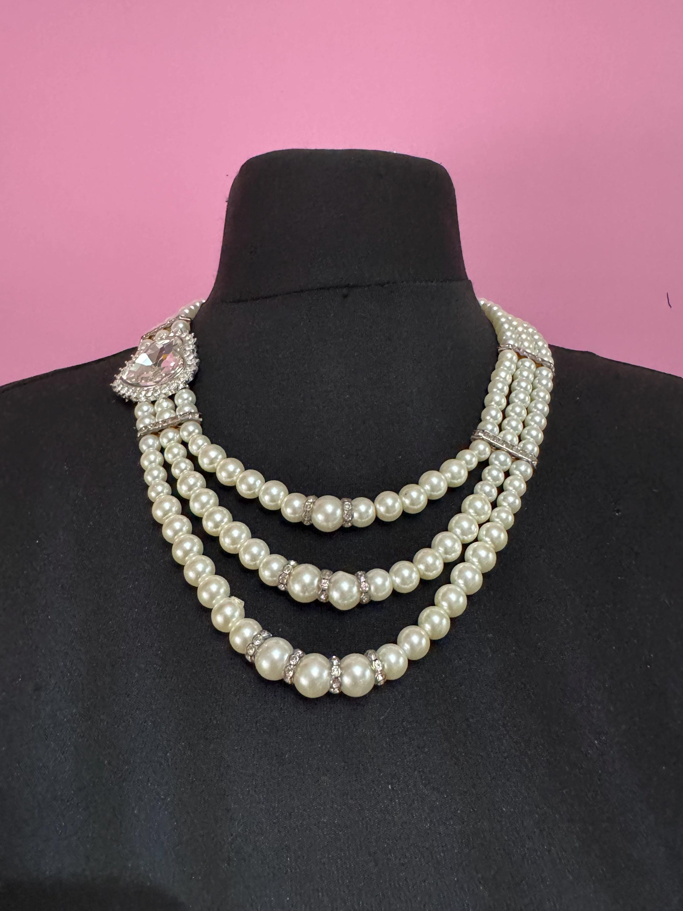 Vintage Triple Strand Pearl Choker Necklace: Diamante heart Clasp, Party Jewellery