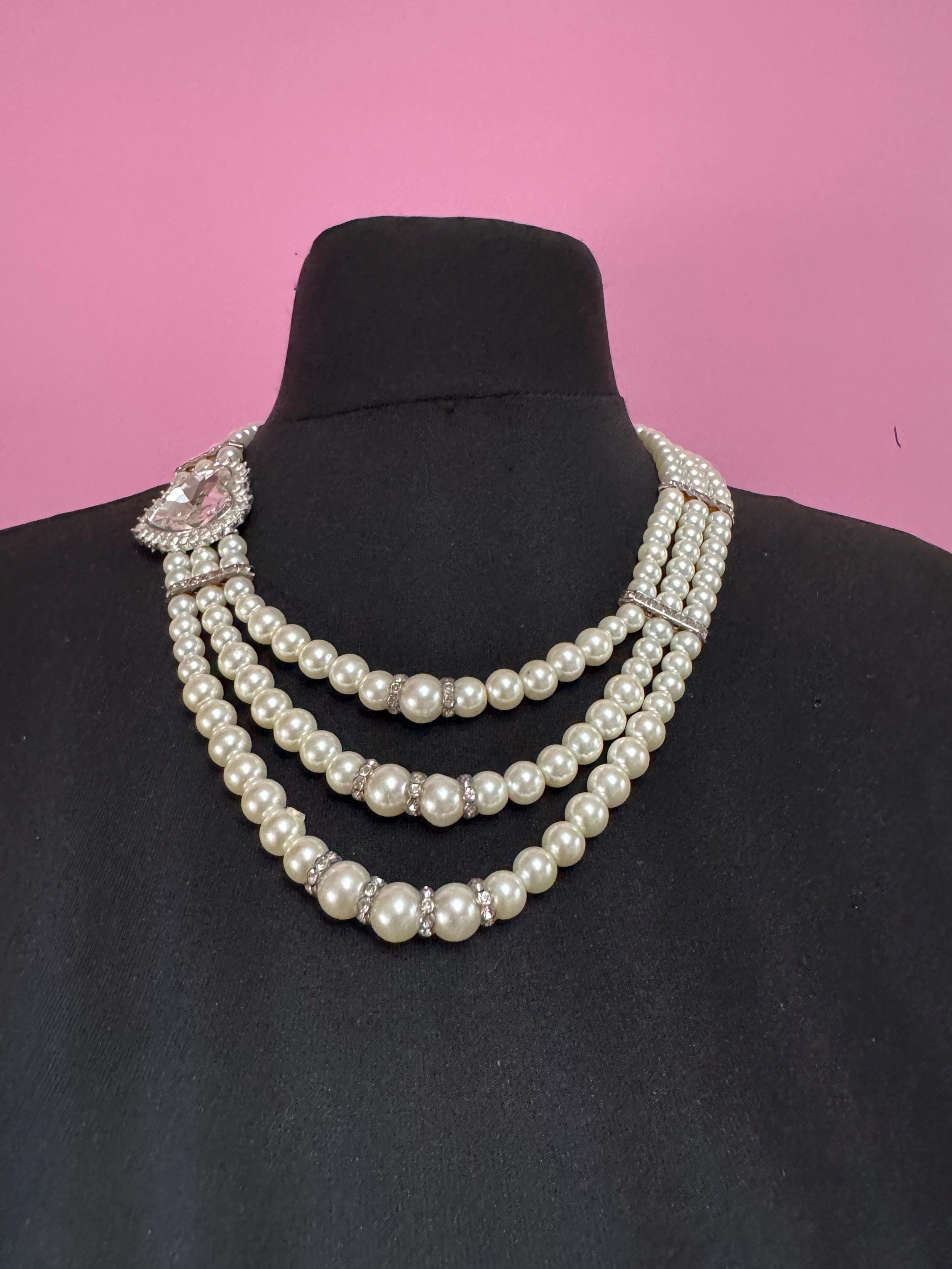 Vintage Triple Strand Pearl Choker Necklace: Diamante heart Clasp, Party Jewellery