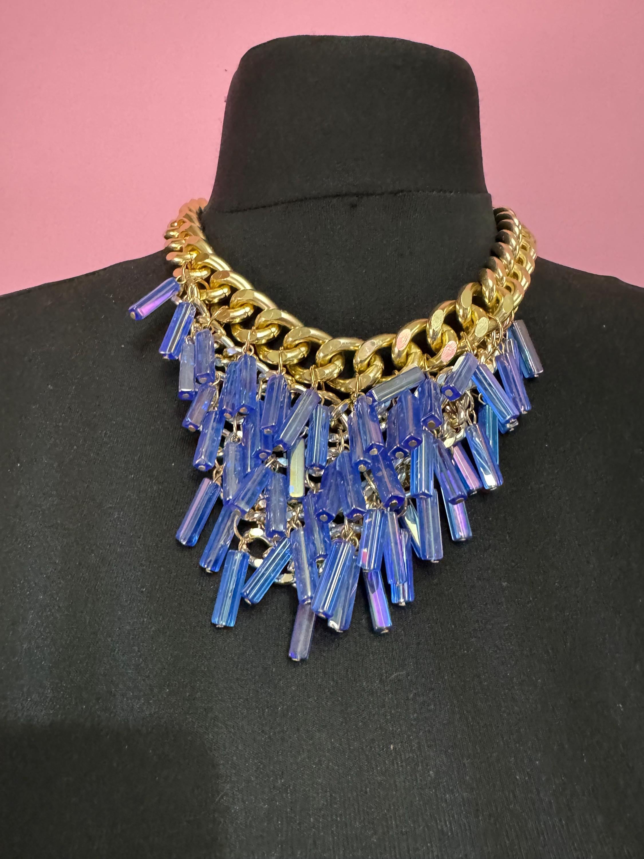 Oversized gold and blue glass beaded choker necklace, retro bib curb chain