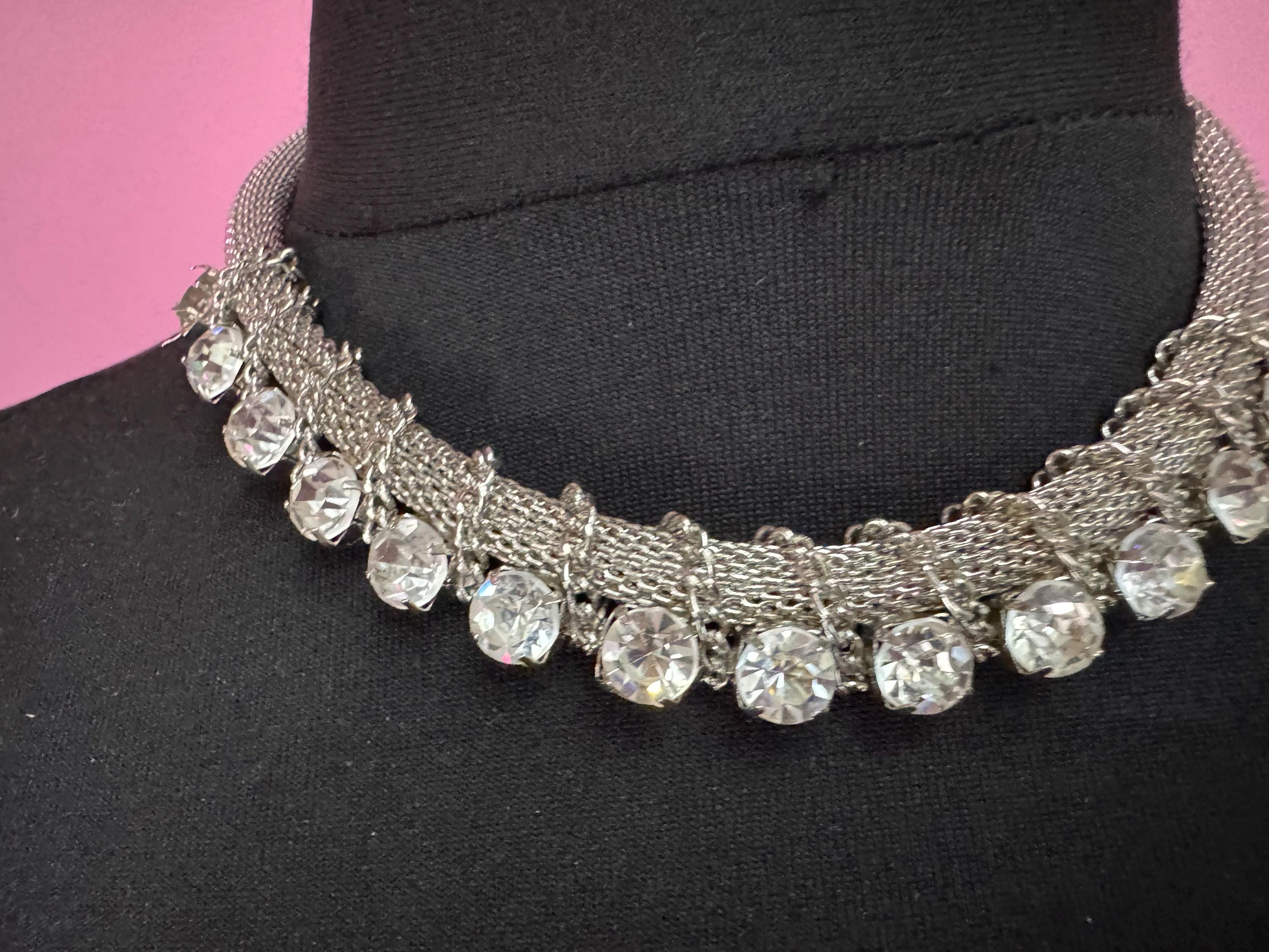 Retro mesh clear rhinestone diamanté choker necklace, silver tone