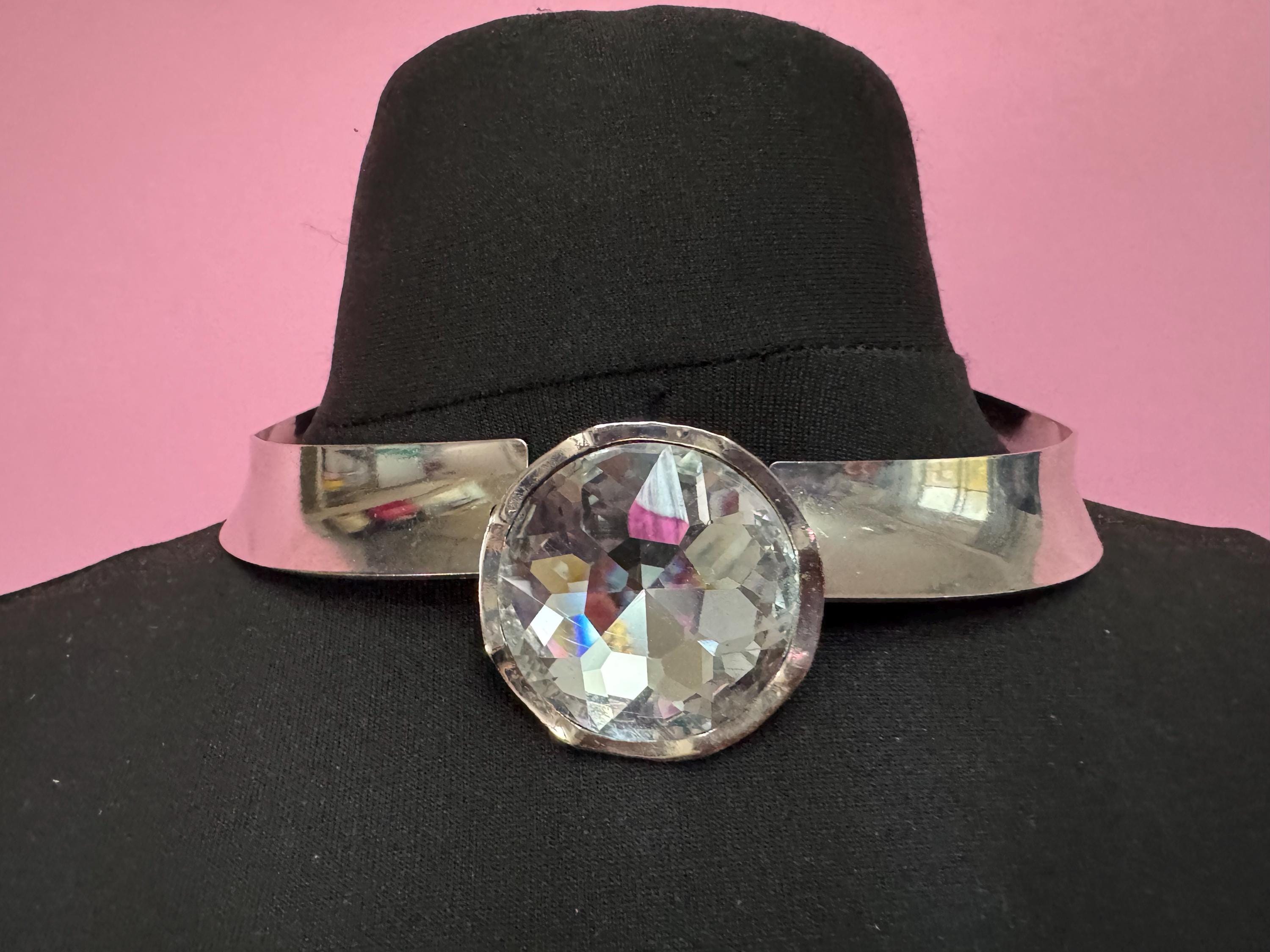 Retro clear Diamanté panel link metal choker, silver tone chunky necklace