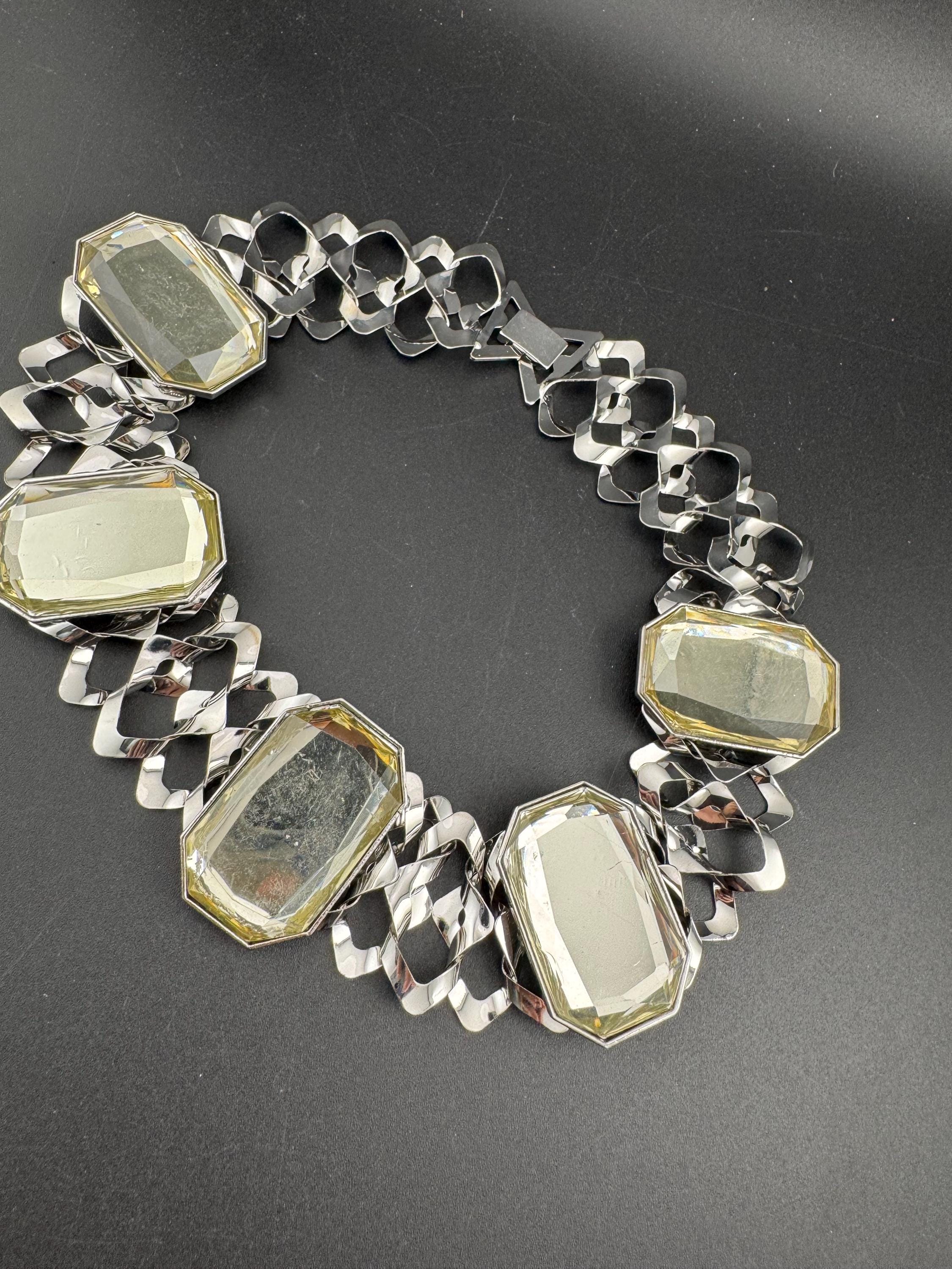 Retro lemon yellow Diamanté panel link metal choker, silver tone chunky necklace