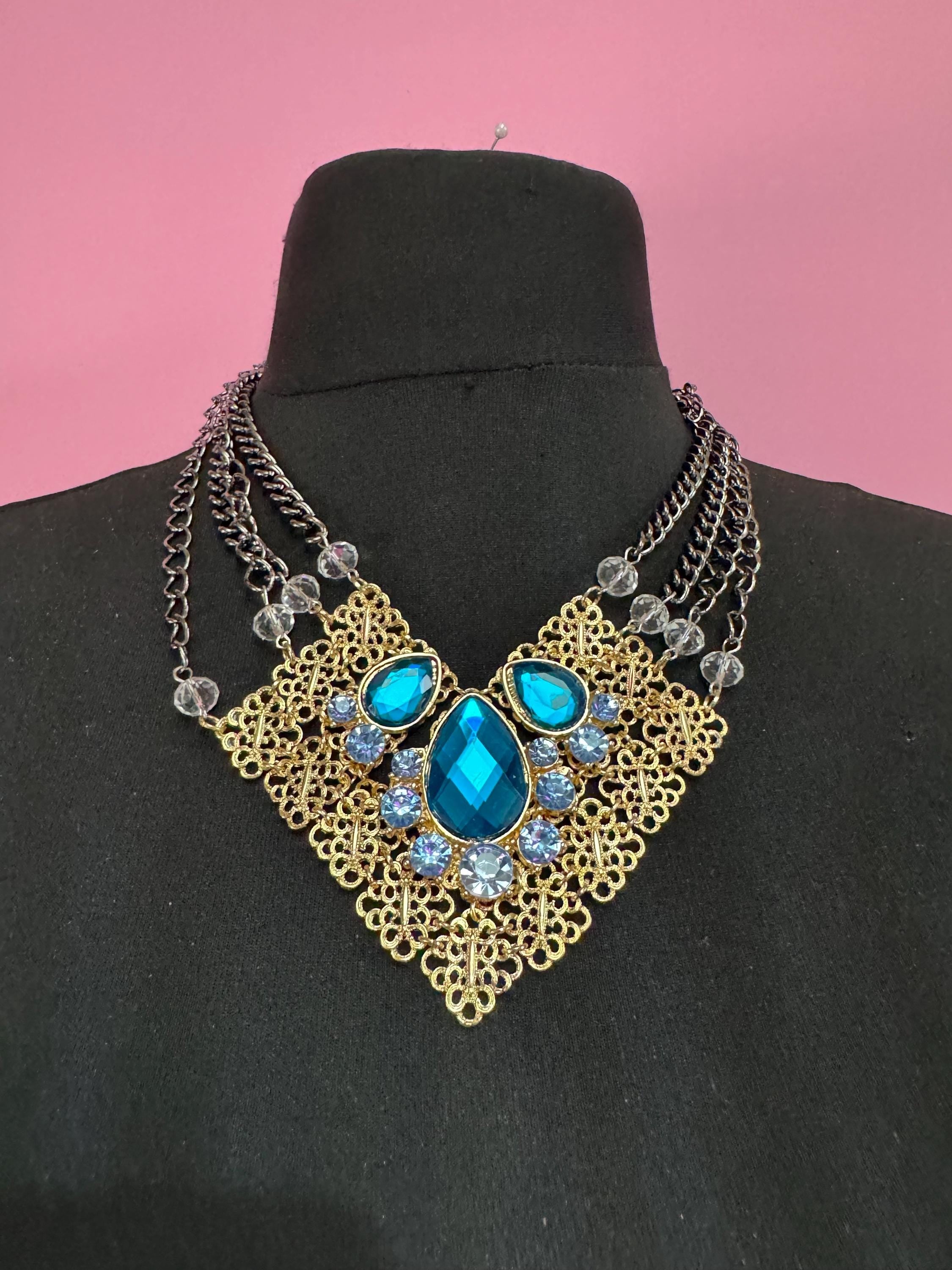 Retro turquoise blue Diamanté panel link metal choker, silver and gold tone chunky necklace