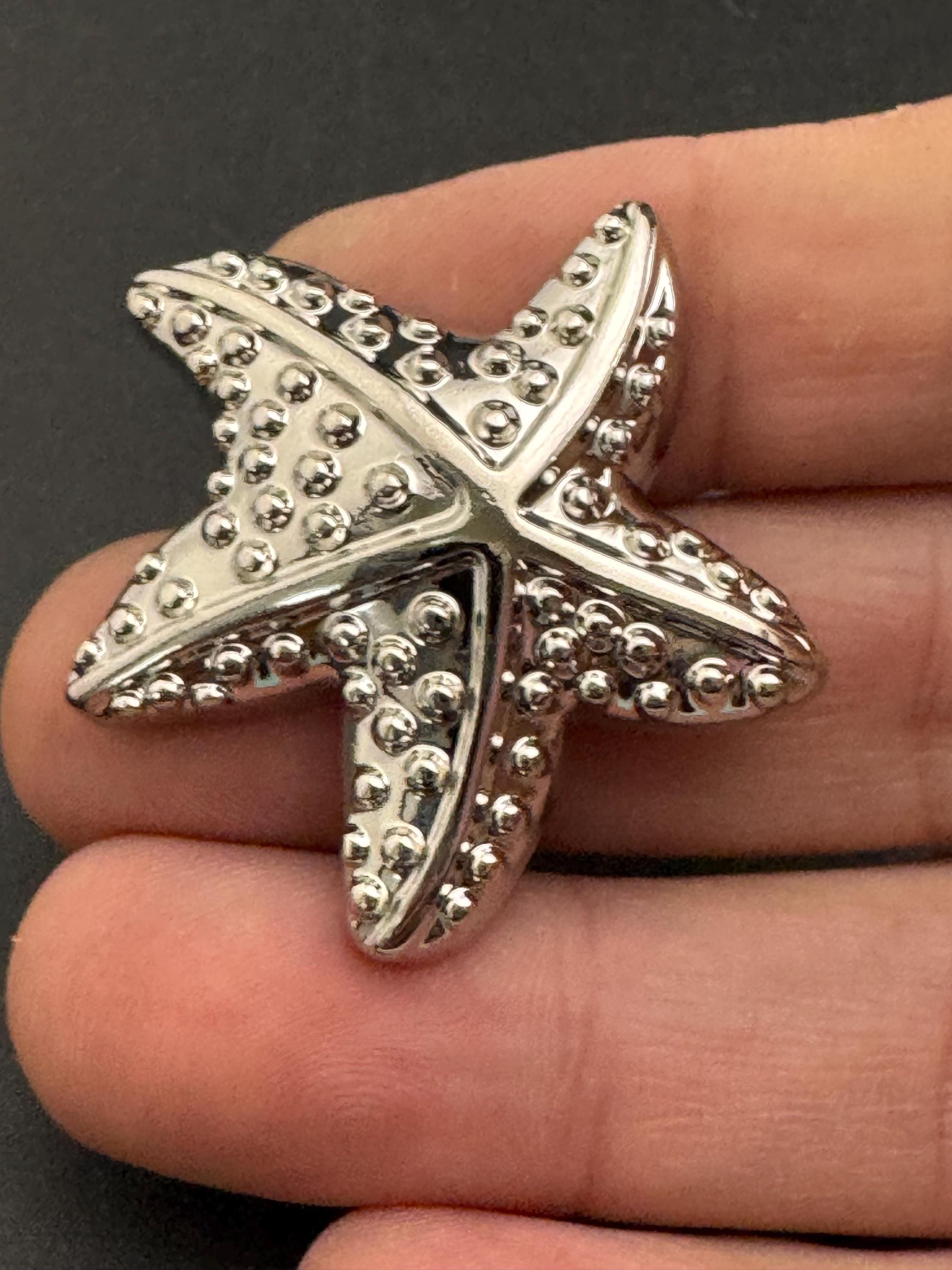 large silver starfish button, metal 1 piece 38mm, nautical