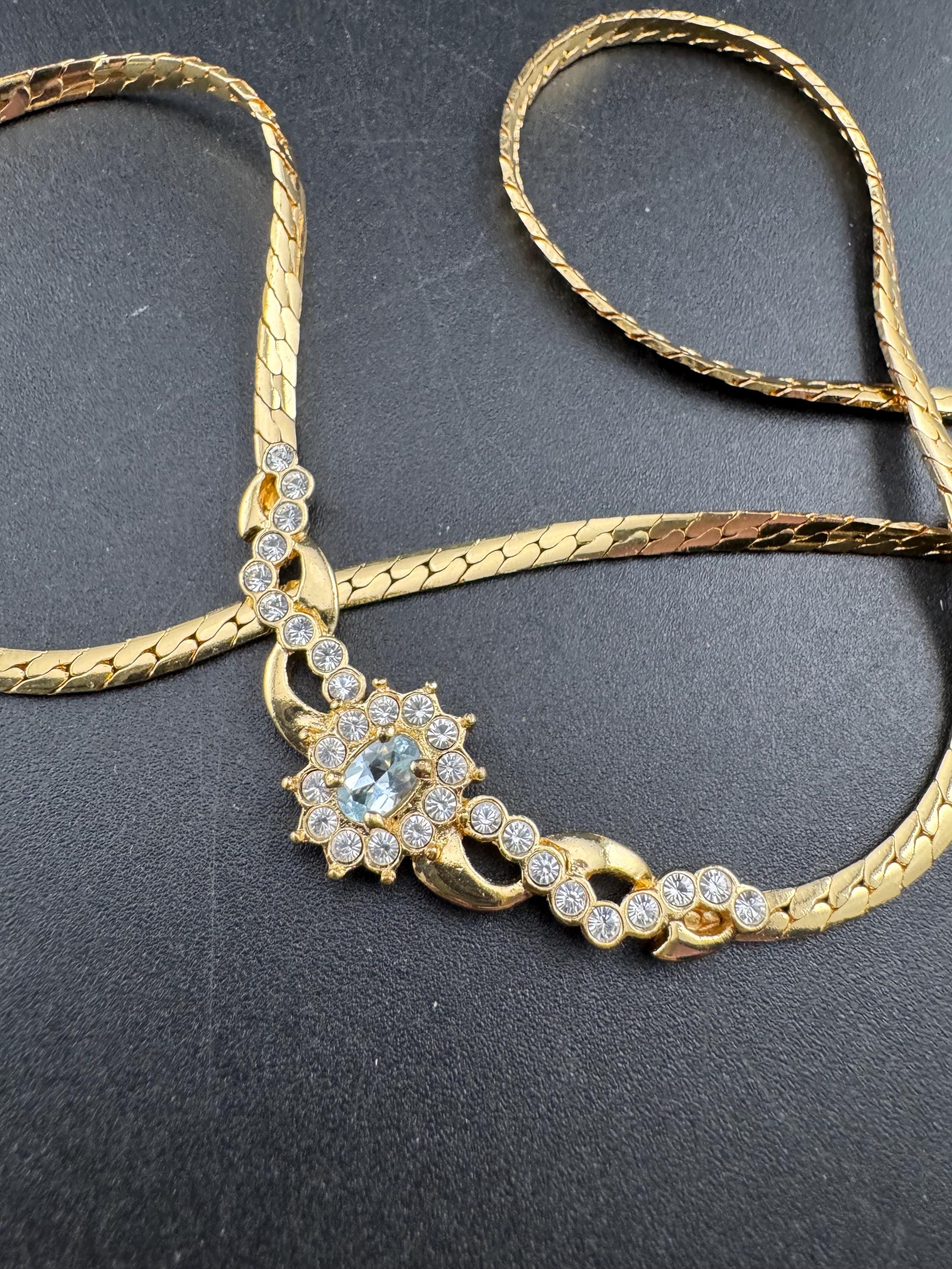 Signed MOVITEX light sapphire diamanté gold chain necklace