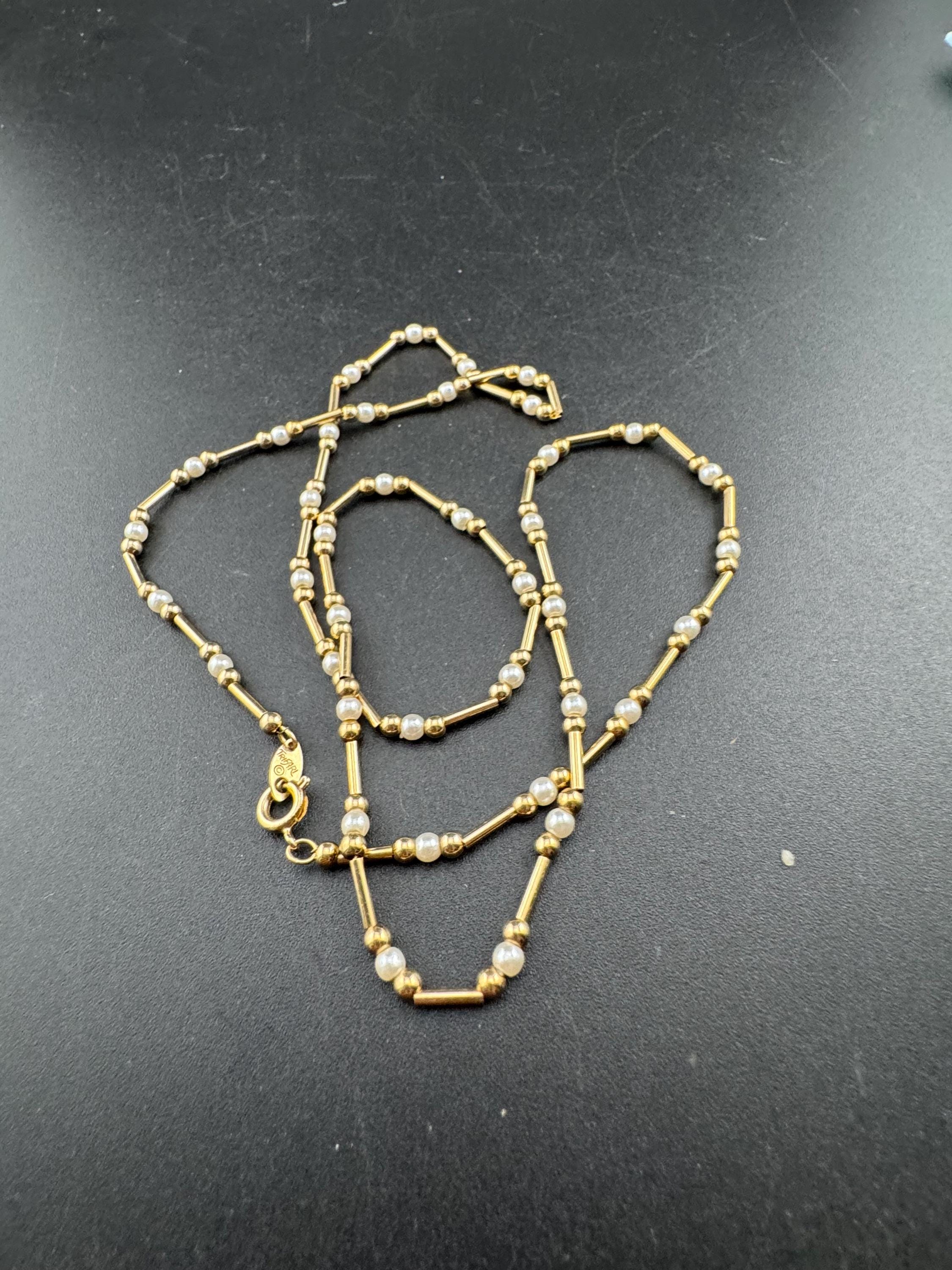 Signed trifari gold and pearl beaded necklace , 60cm