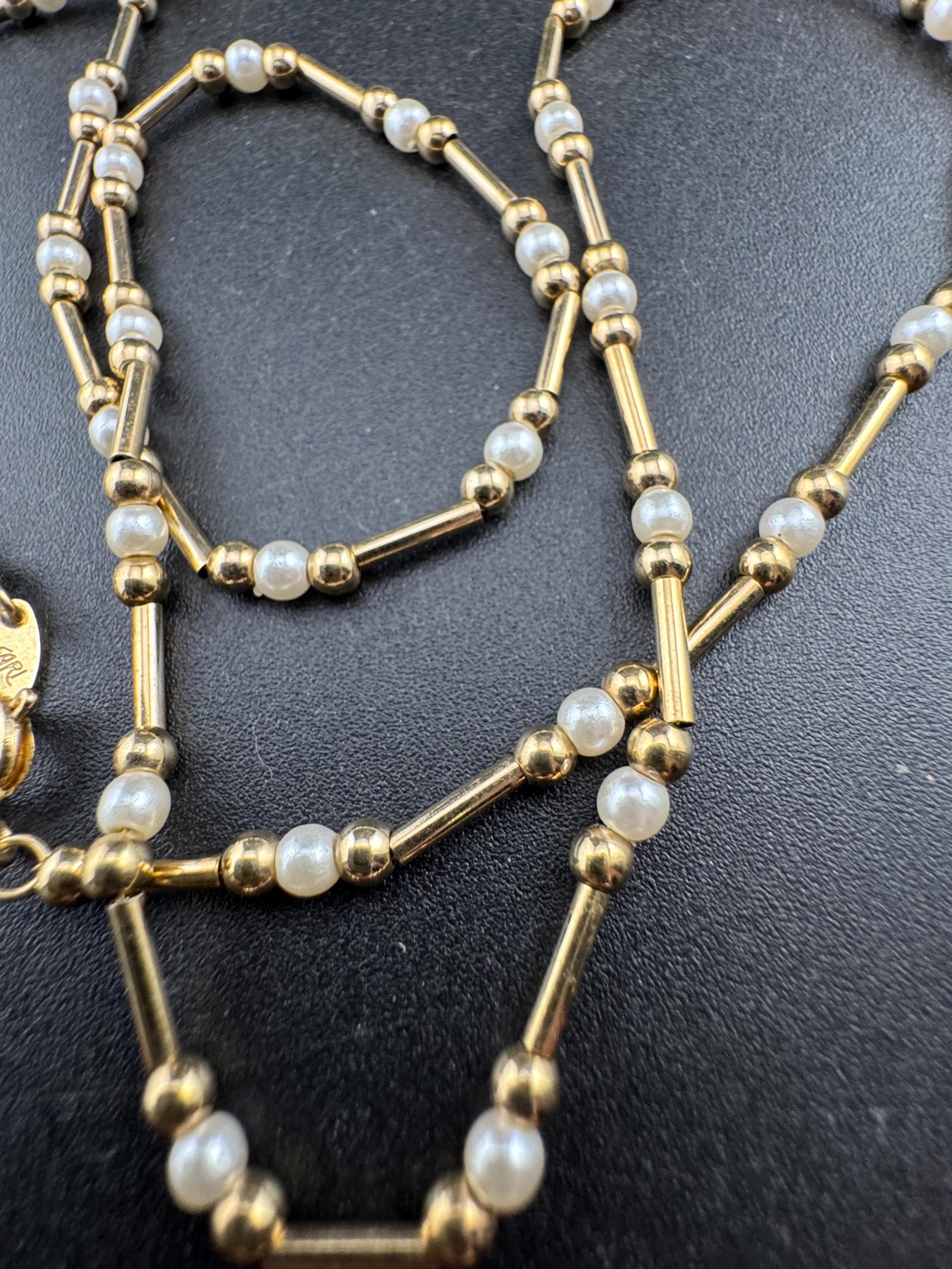 Signed trifari gold and pearl beaded necklace , 60cm