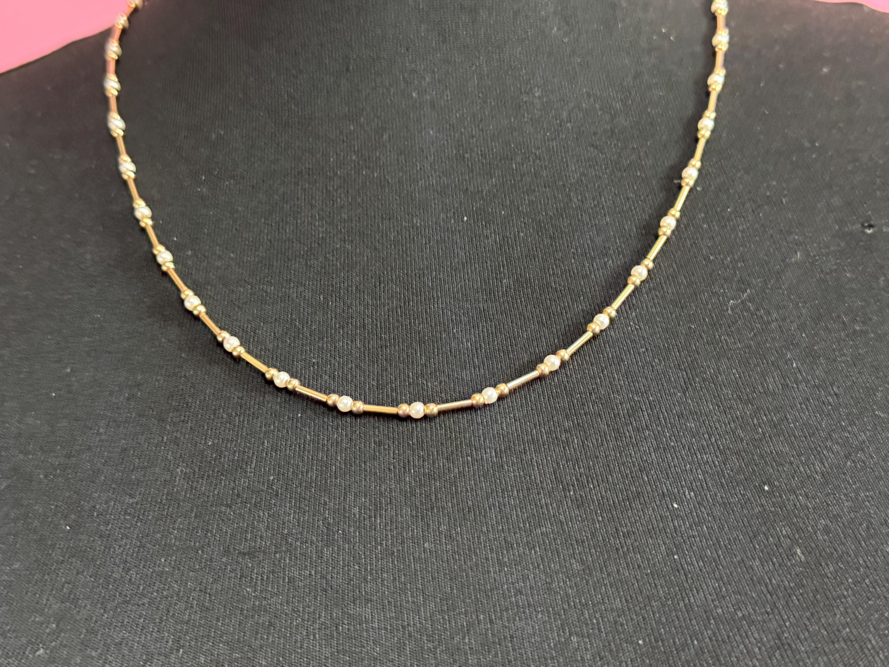 Signed trifari gold and pearl beaded necklace , 60cm