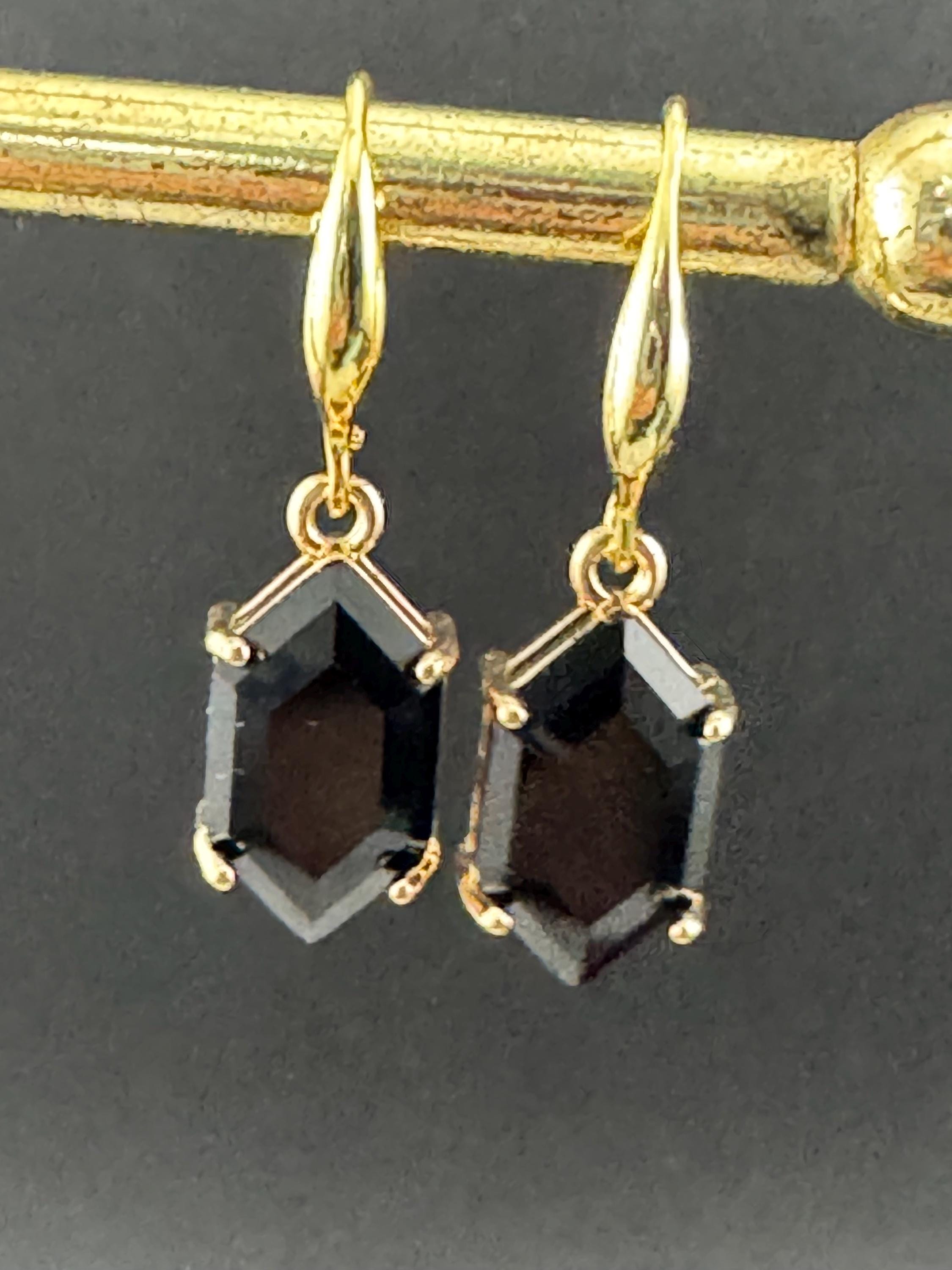18k GP black crystal diamanté drop earrings, hexagon
