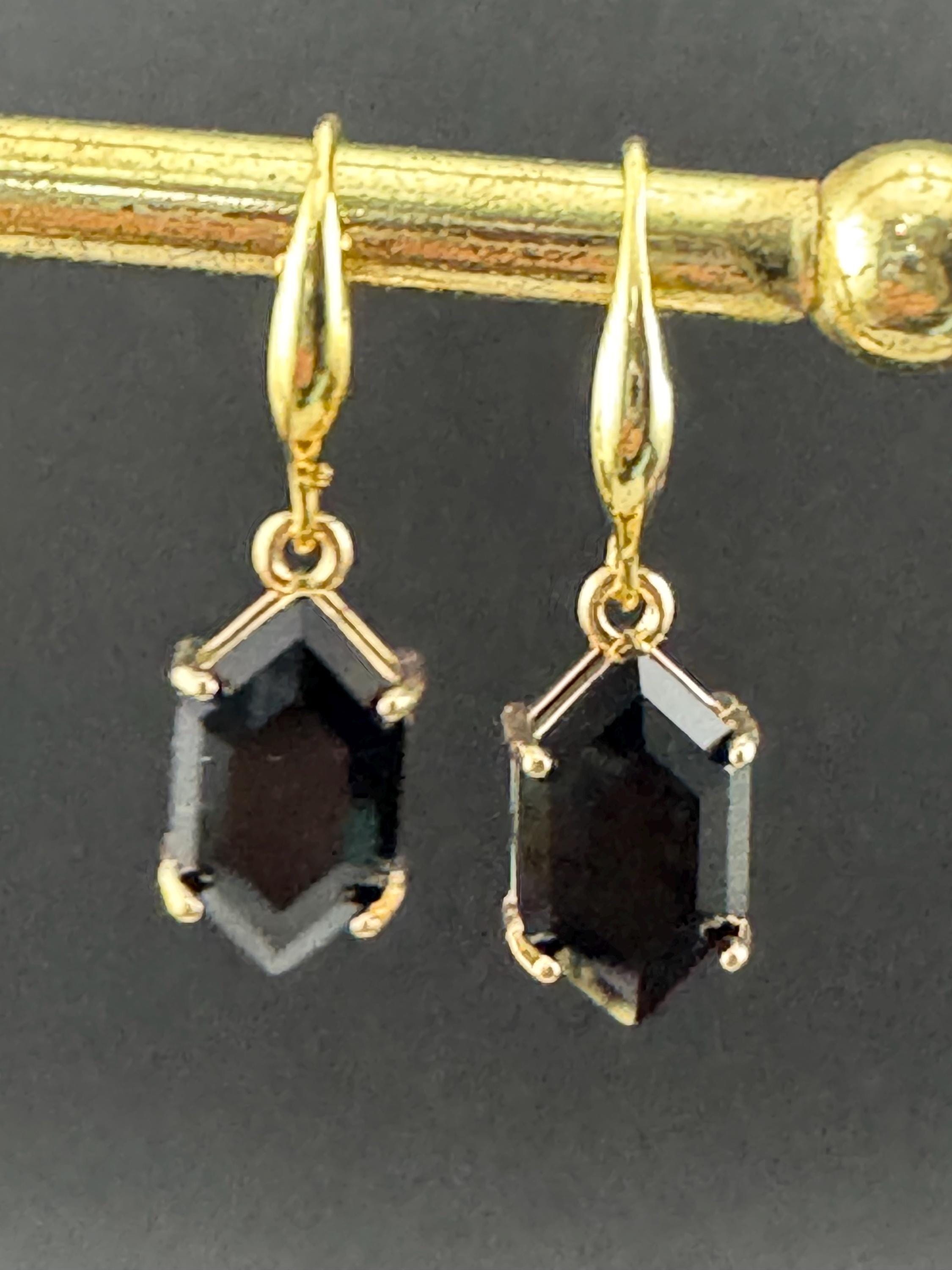 18k GP black crystal diamanté drop earrings, hexagon