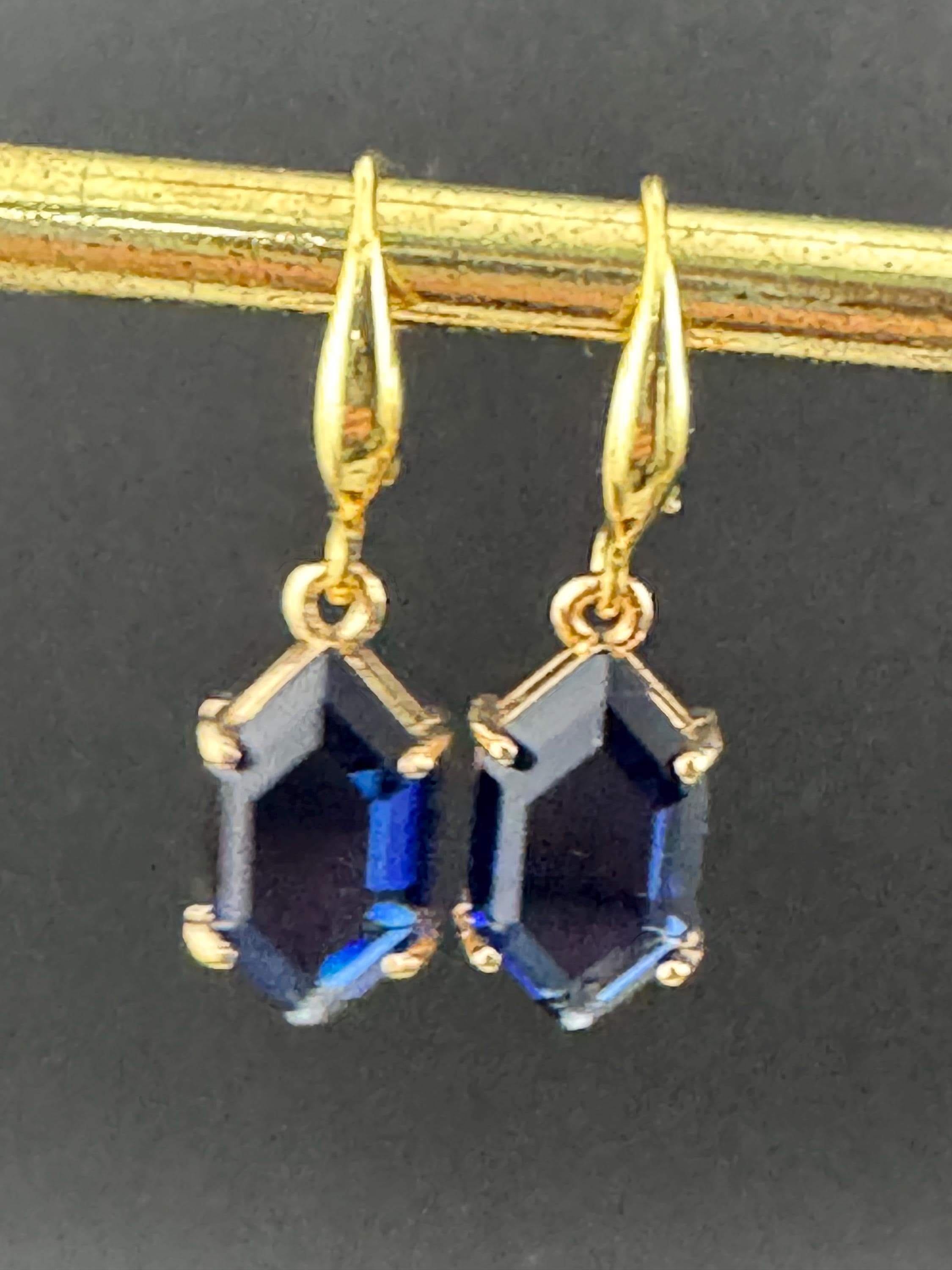 18k GP sapphire blue crystal diamanté drop earrings, hexagon