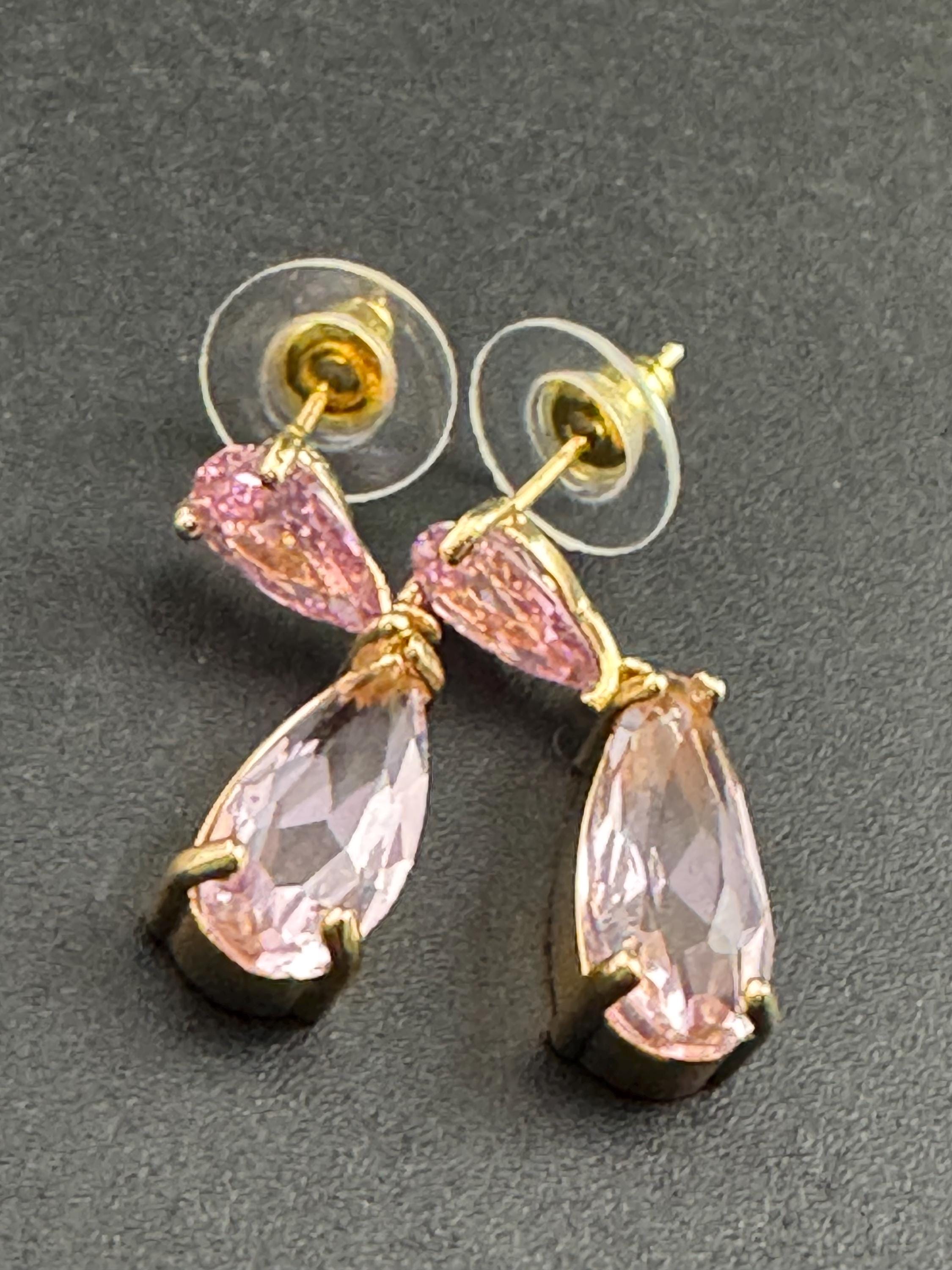 pink crystal teardrop long drop earrings, 18k plated earwires