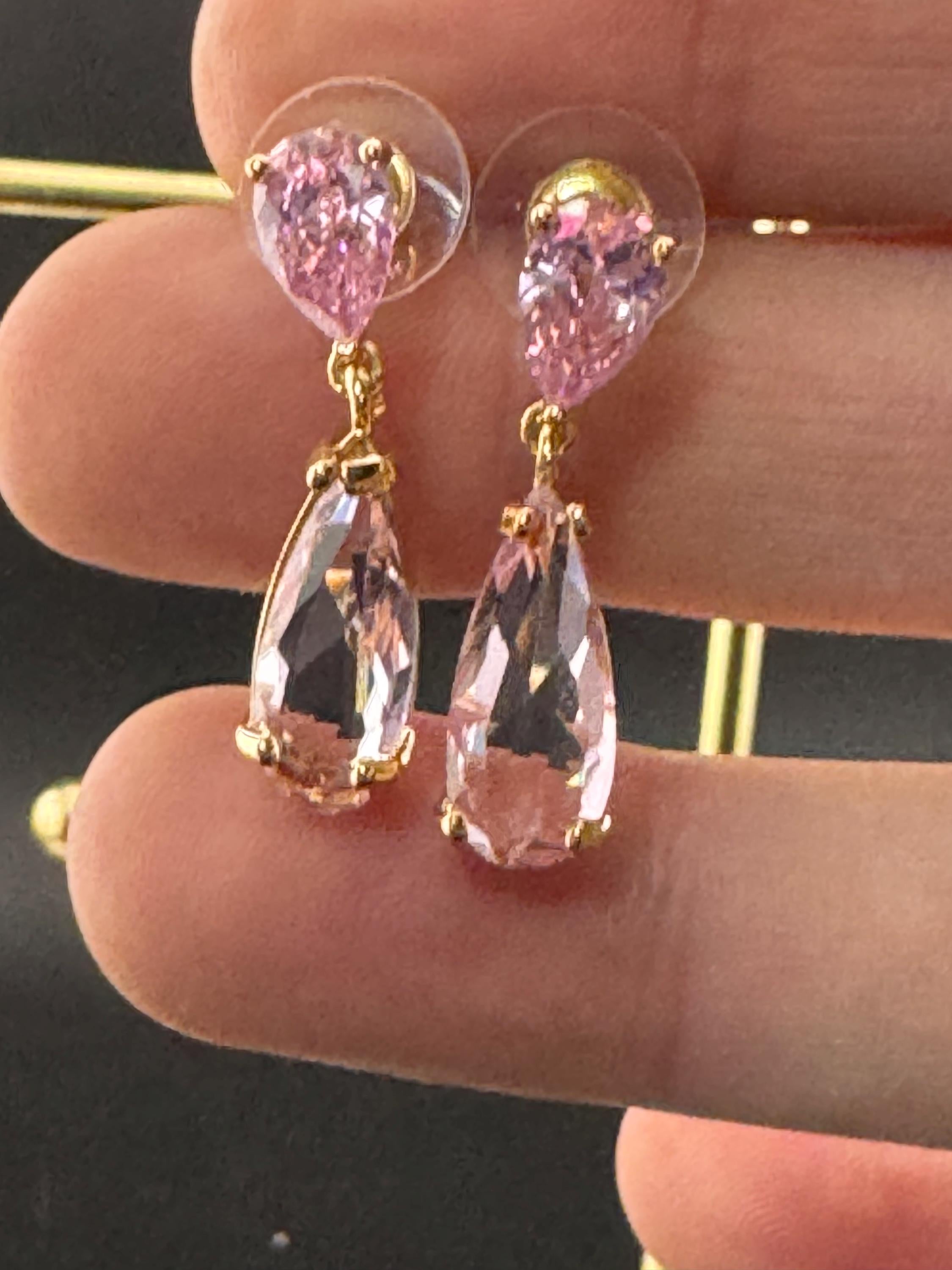 pink crystal teardrop long drop earrings, 18k plated earwires