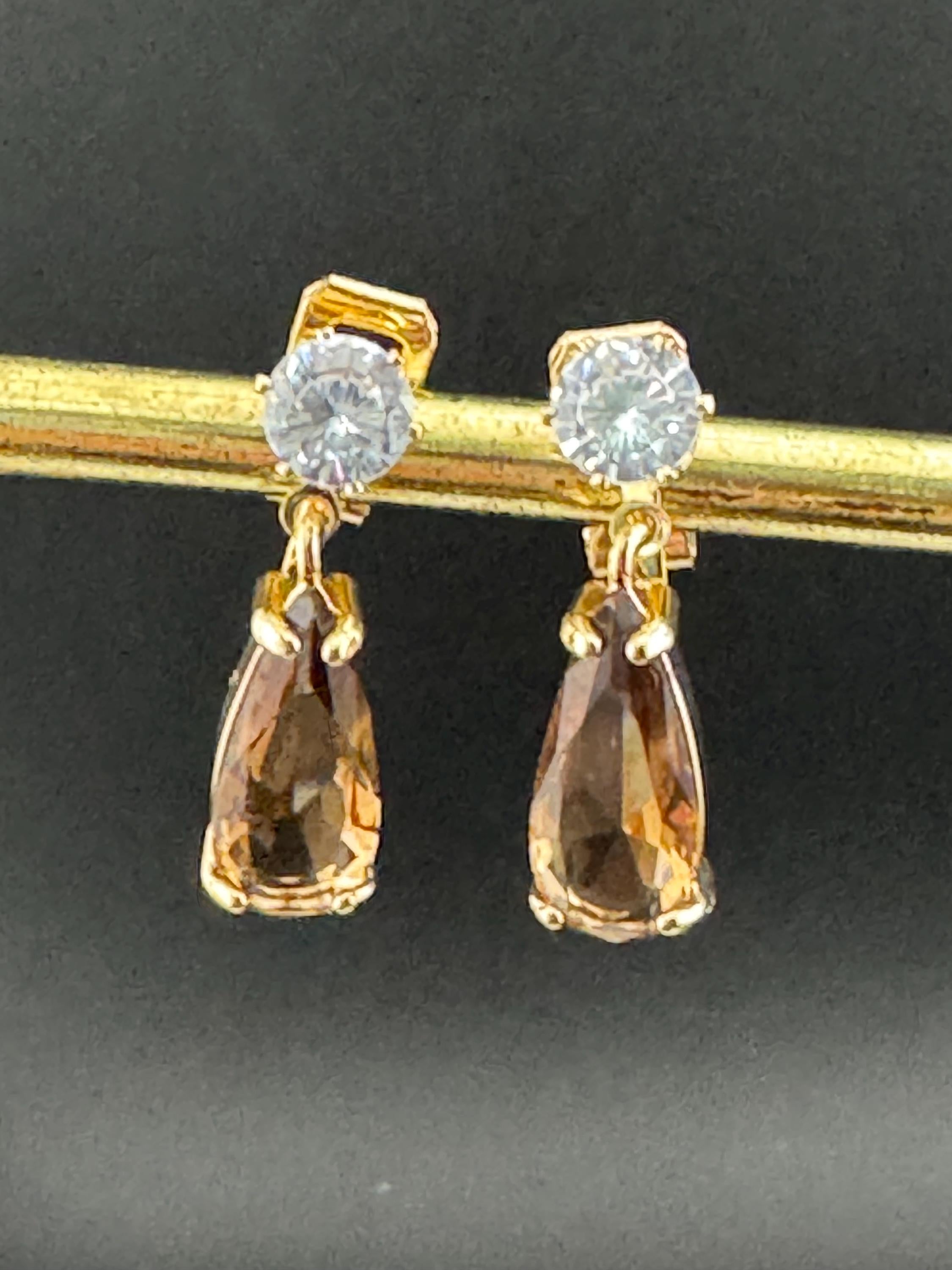 brown crystal teardrop clip on earrings, gold plated cognac glass