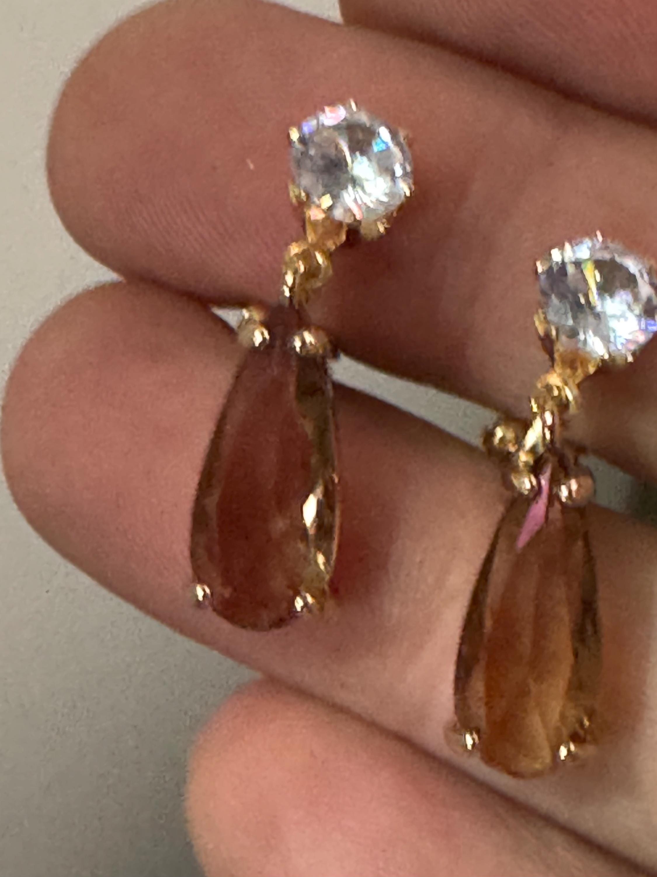 brown crystal teardrop clip on earrings, gold plated cognac glass