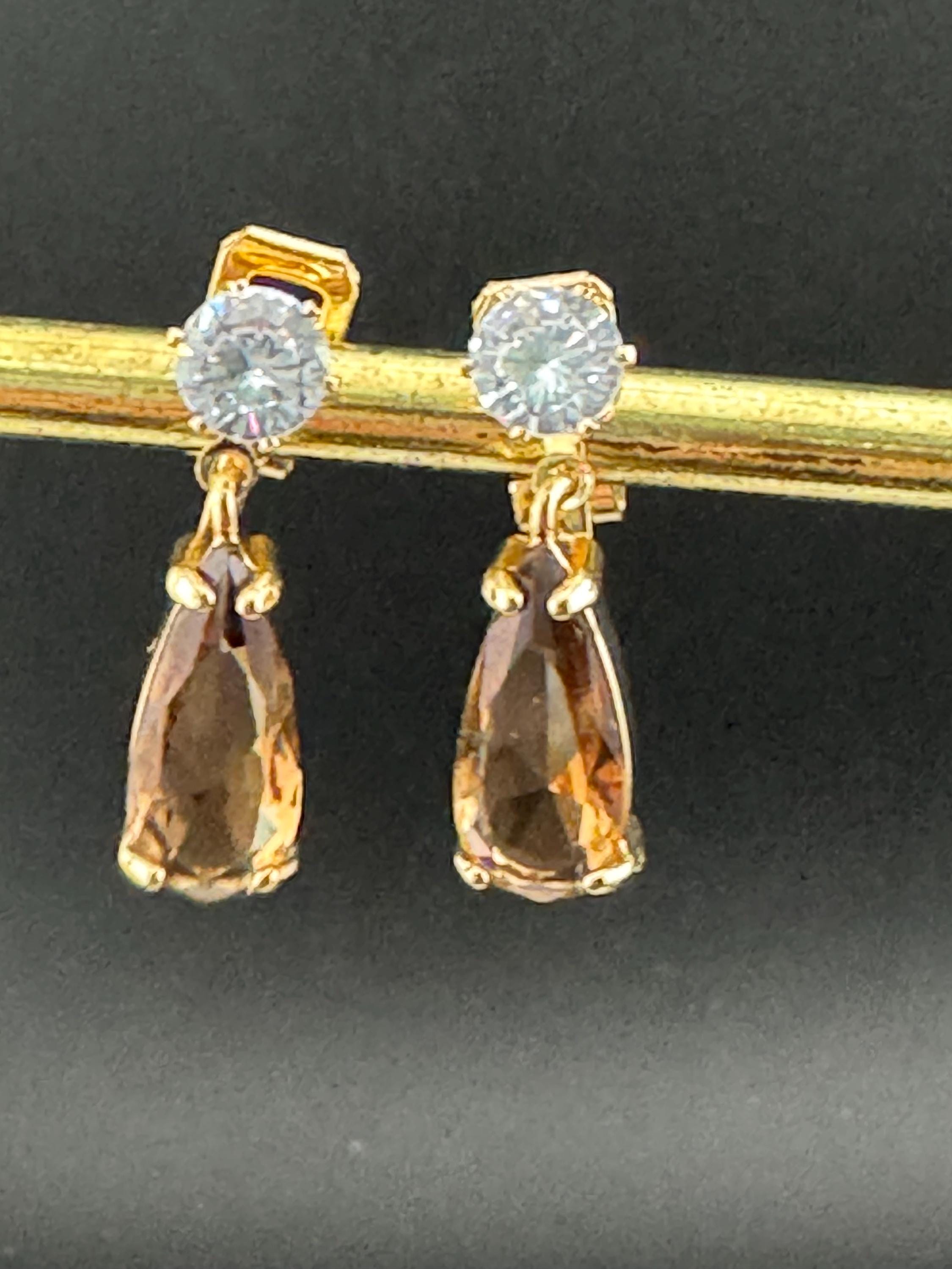 brown crystal teardrop clip on earrings, gold plated cognac glass