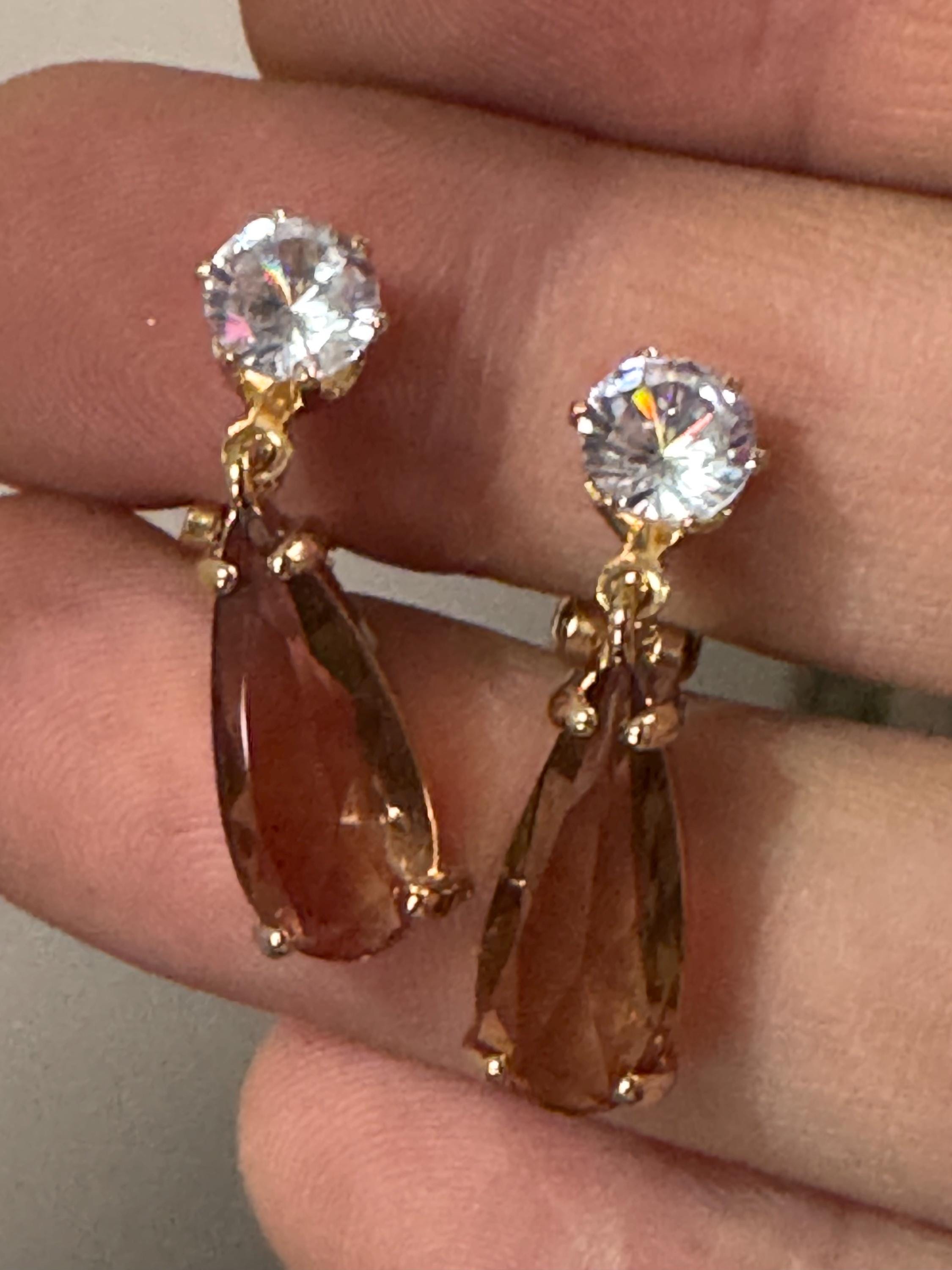 brown crystal teardrop clip on earrings, gold plated cognac glass