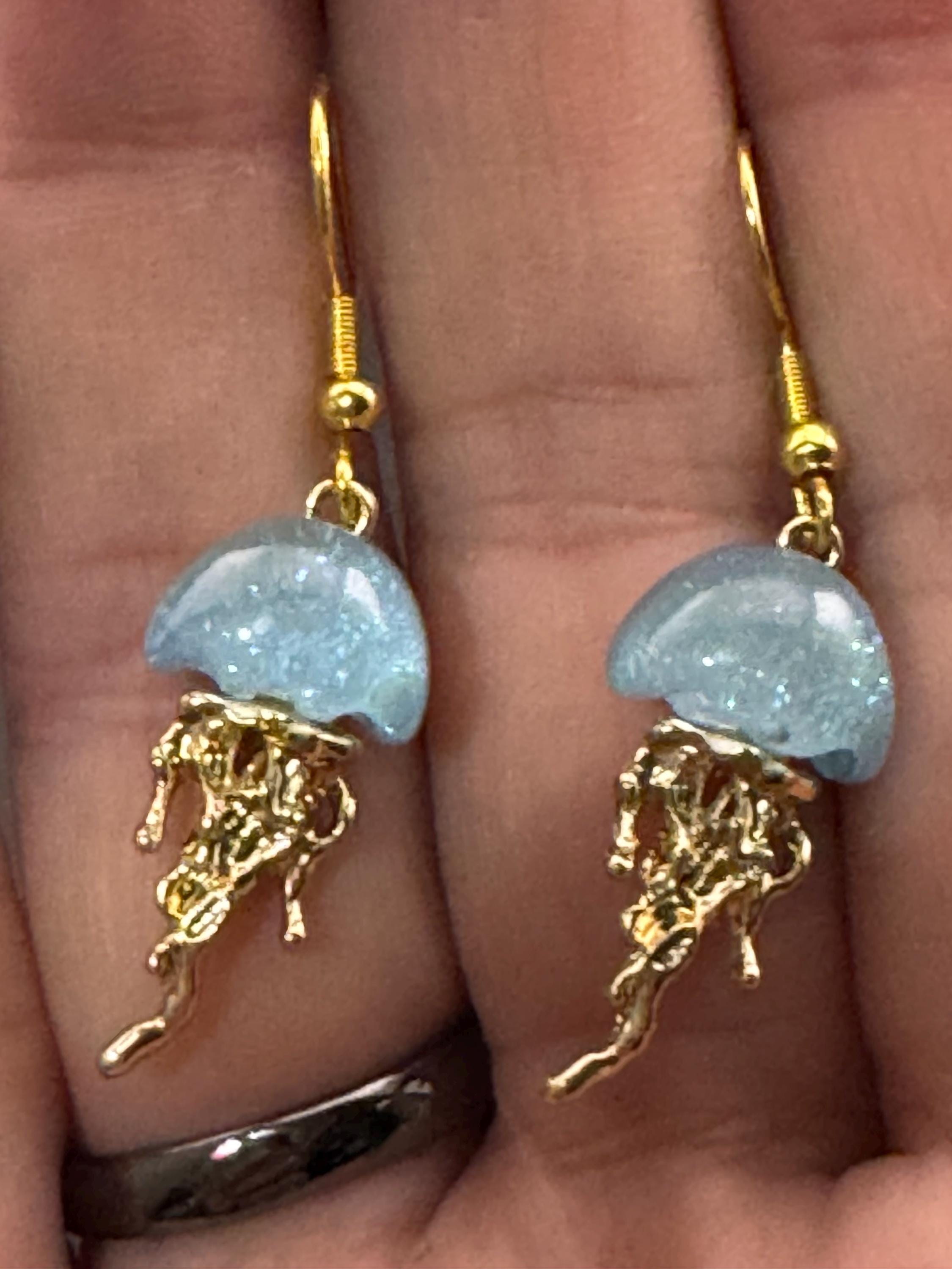 Nautical jellyfish dangly earrings, marine gold tone drops