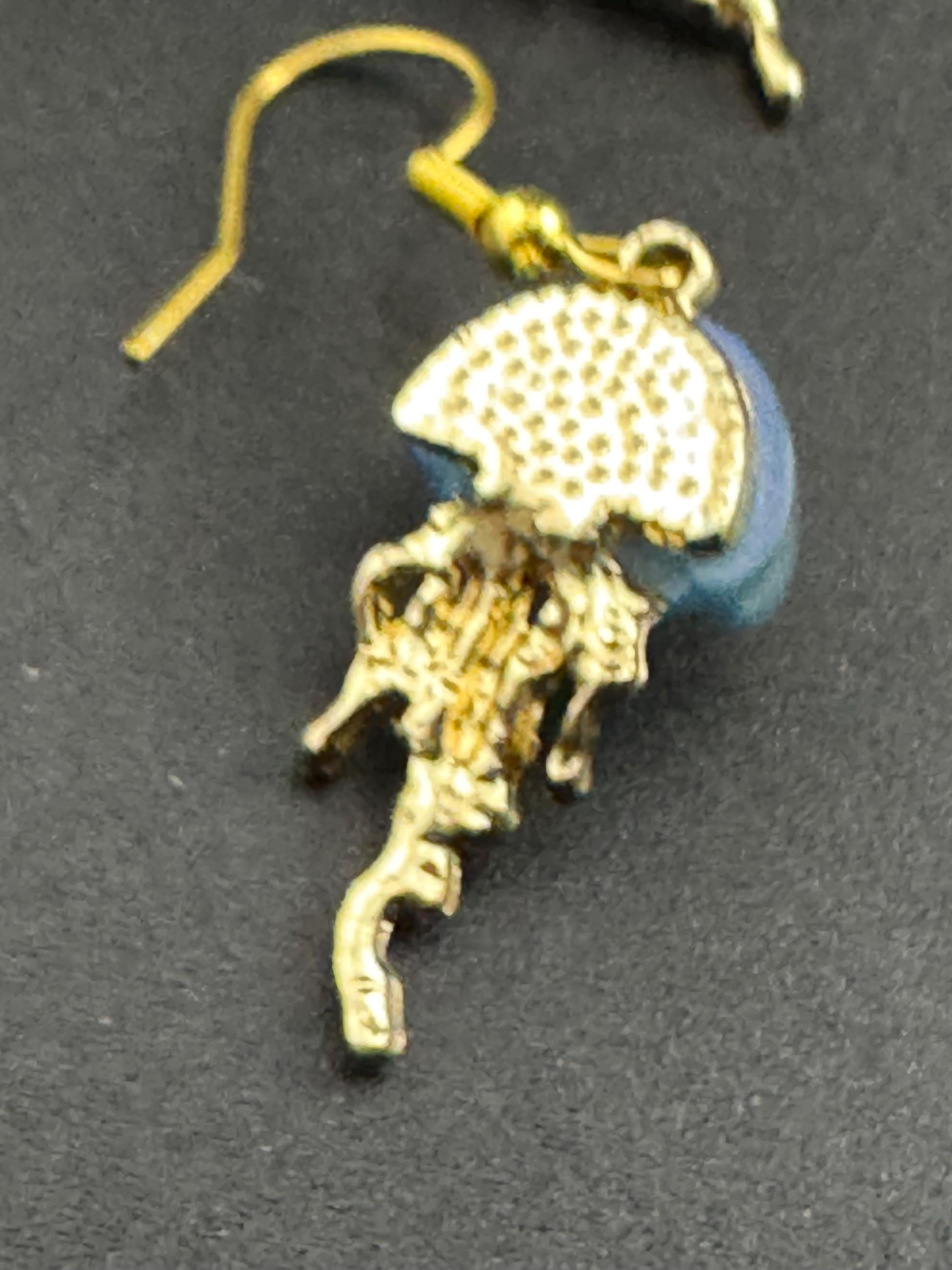Nautical jellyfish dangly earrings, marine gold tone drops