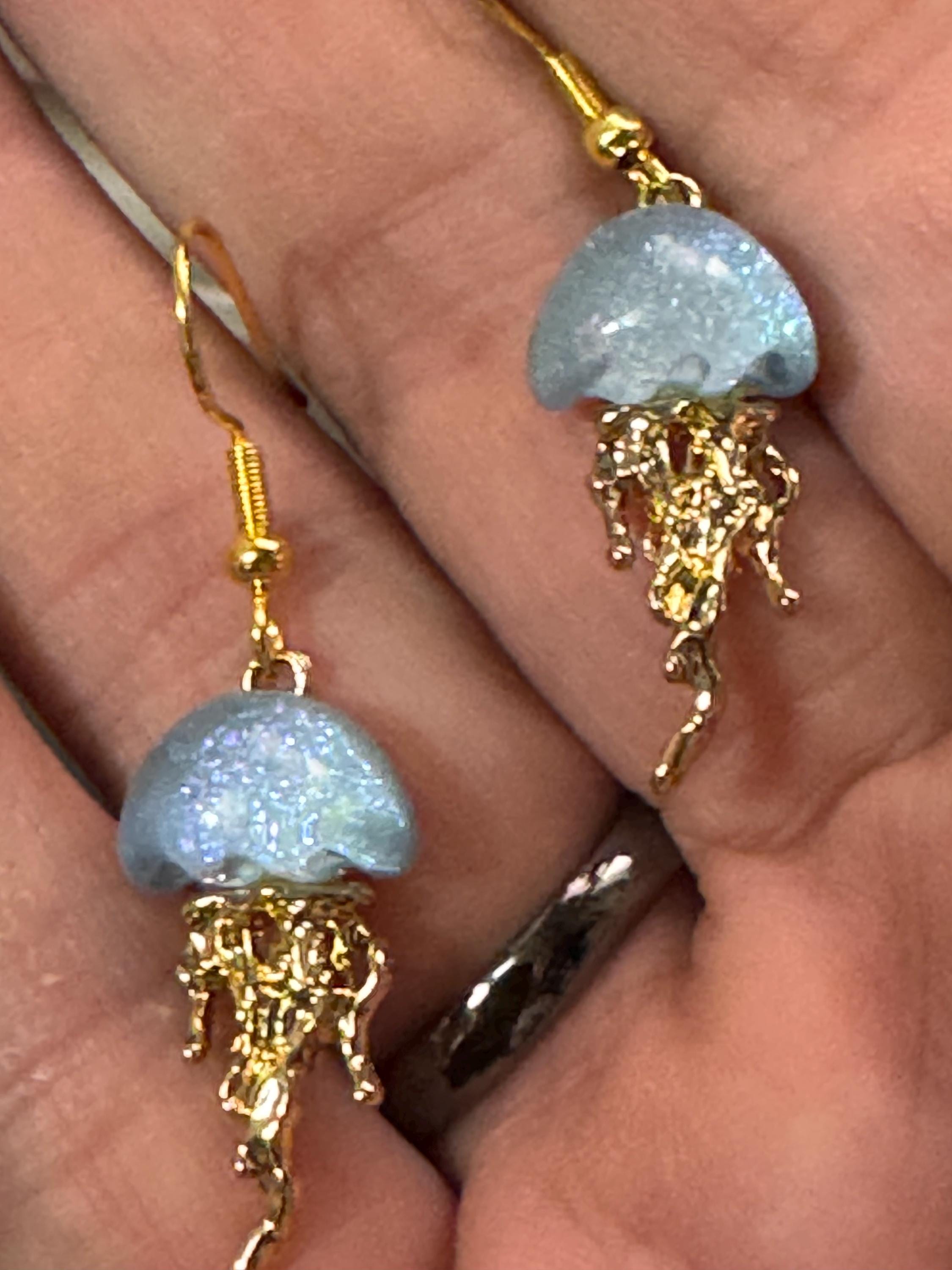 Nautical jellyfish dangly earrings, marine gold tone drops