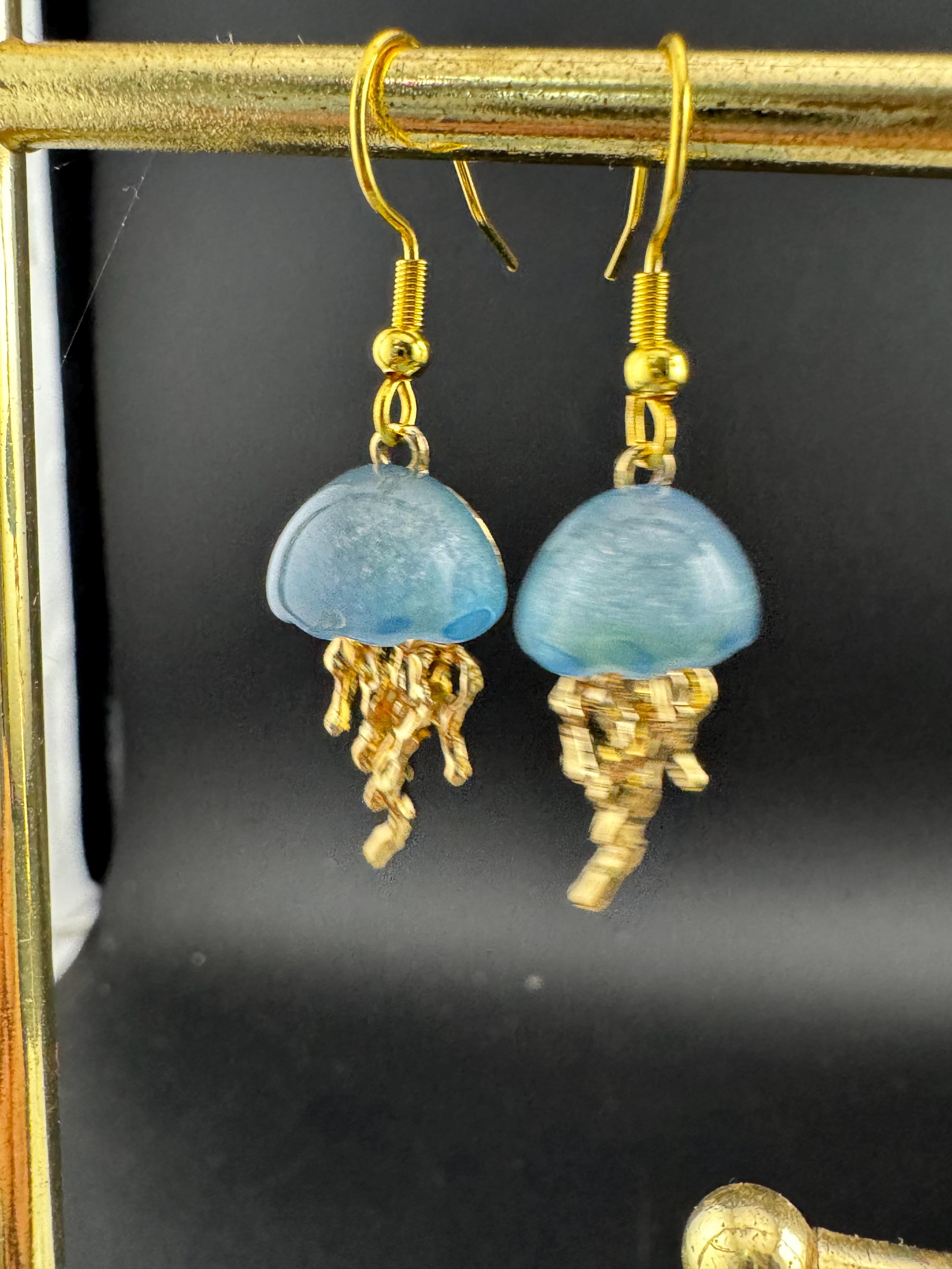 Nautical jellyfish dangly earrings, marine gold tone drops