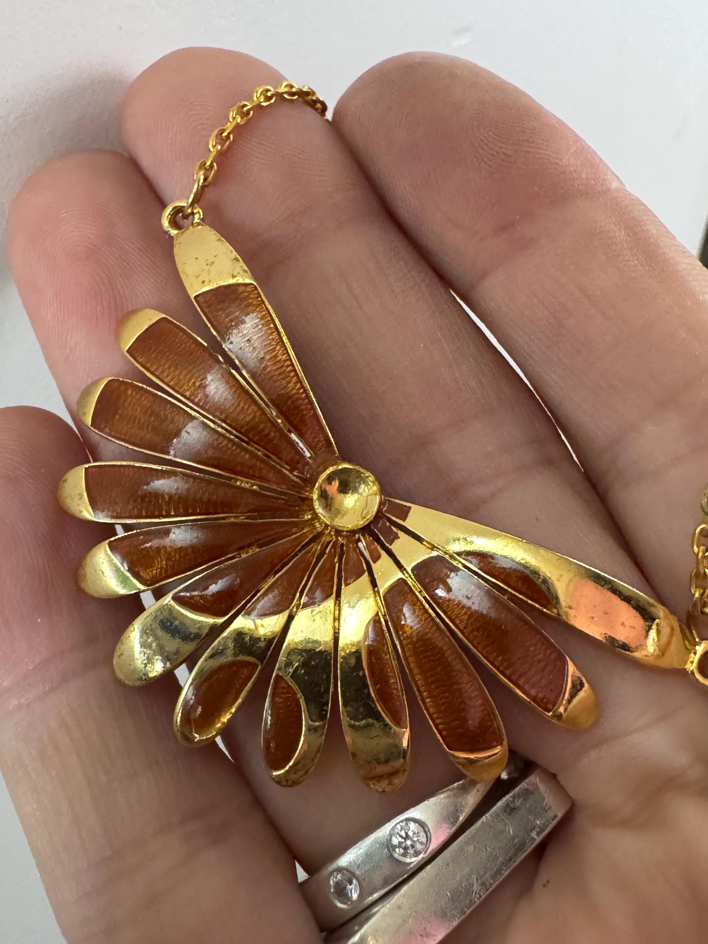 Signed ORENA brown necklace, Paris chocolate enamel pendant, gold plated